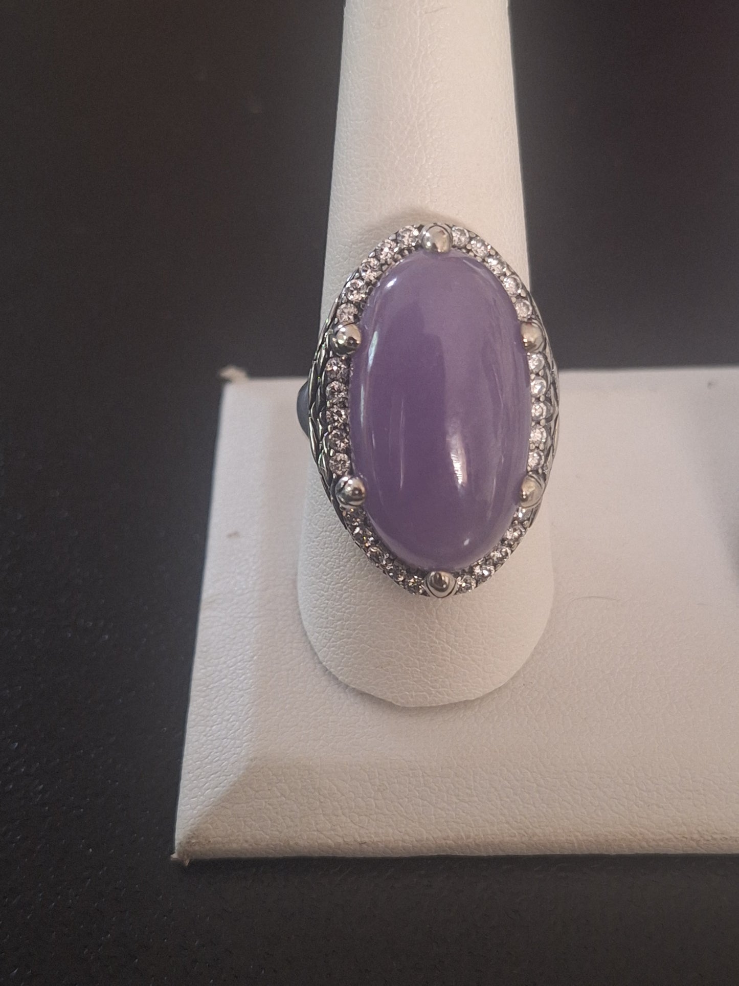 Vintage Large Oval Egg Face Burmese Violet Inlaid Purple& Clear CZ Jasper Ring 925 Sterling RG 1857