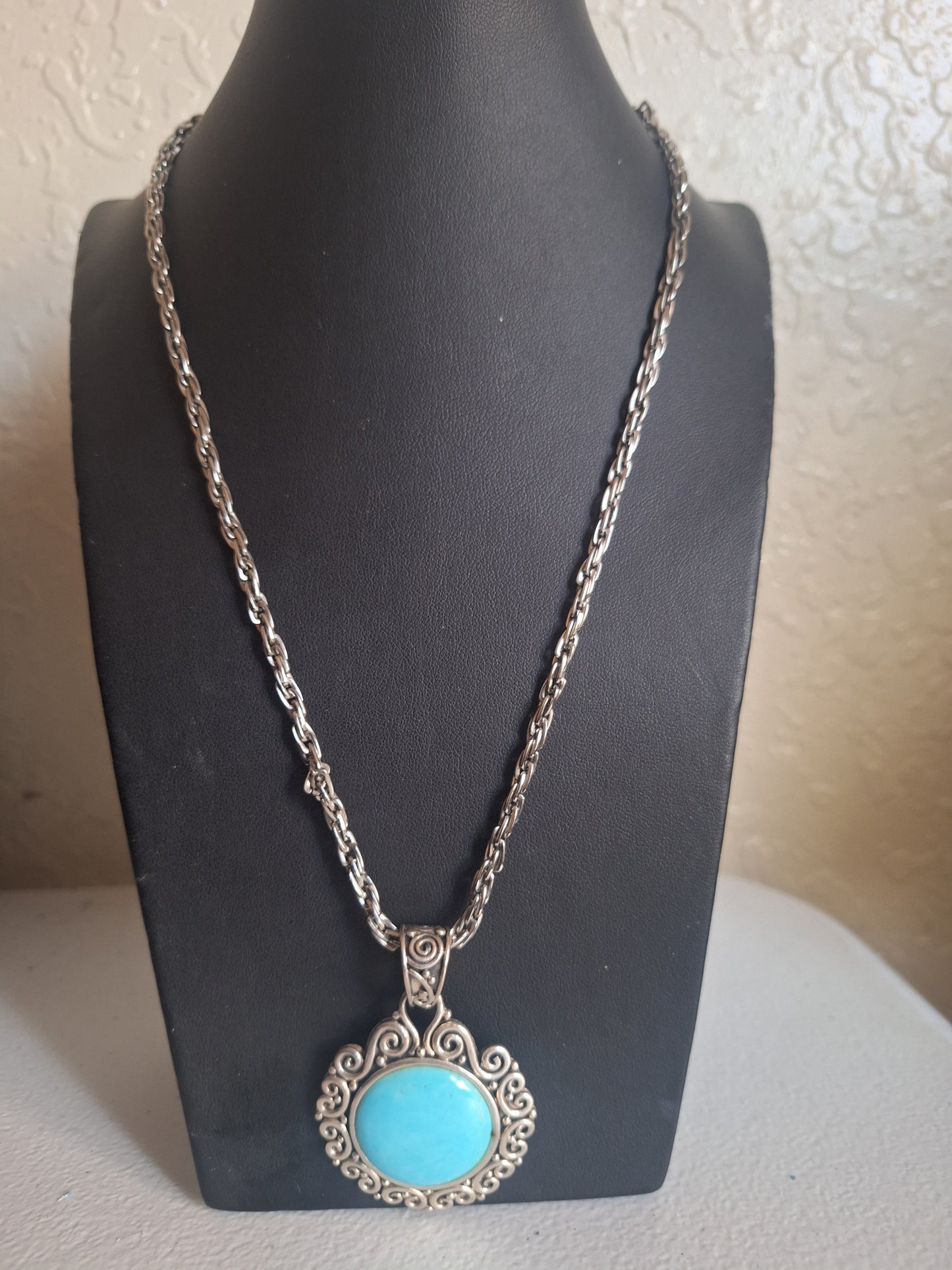 LARGE ORNATE 925 STERLING SILVER TURQUOISE PENDANT NECKLASE