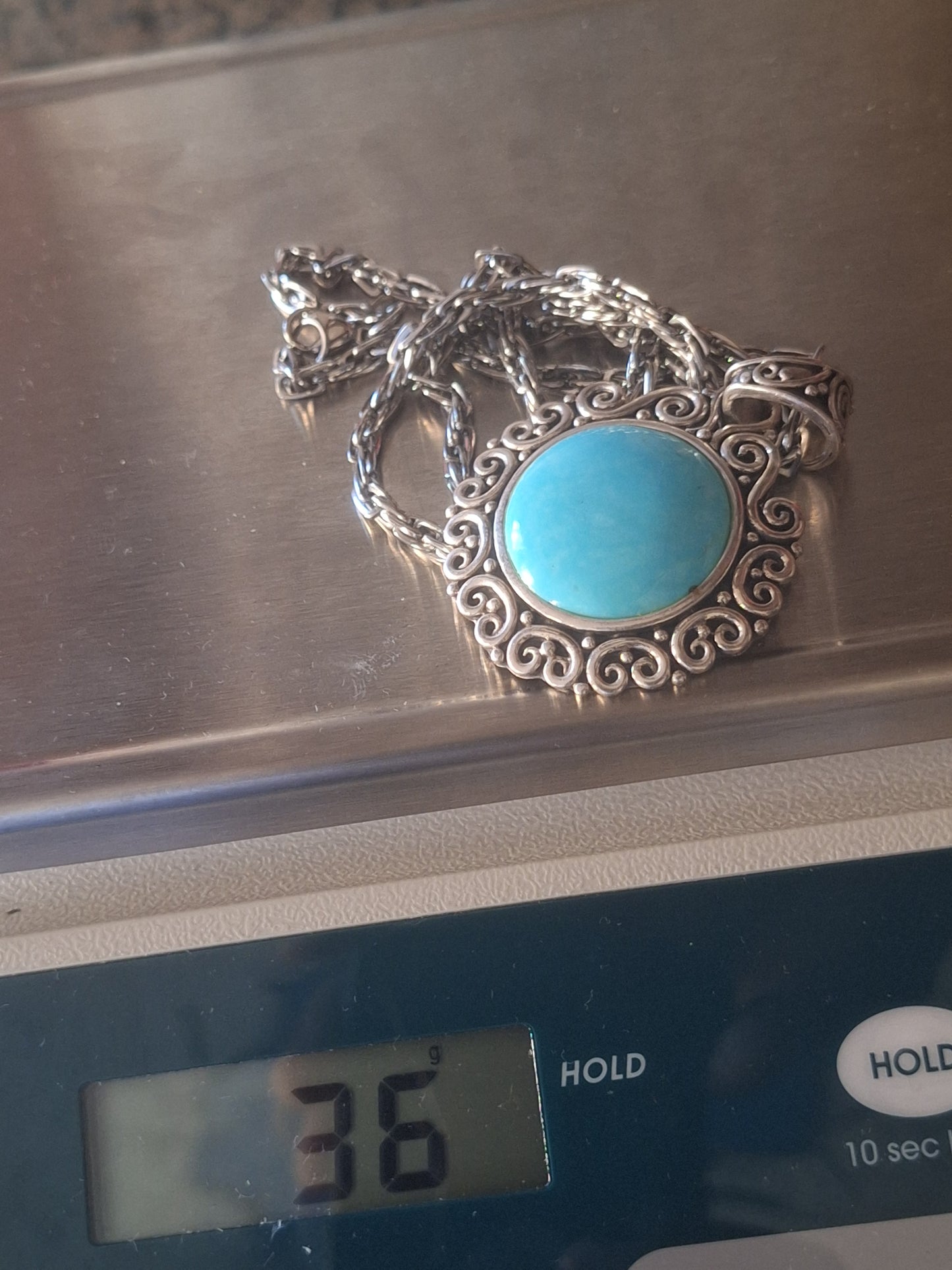 LARGE ORNATE 925 STERLING SILVER TURQUOISE PENDANT NECKLASE