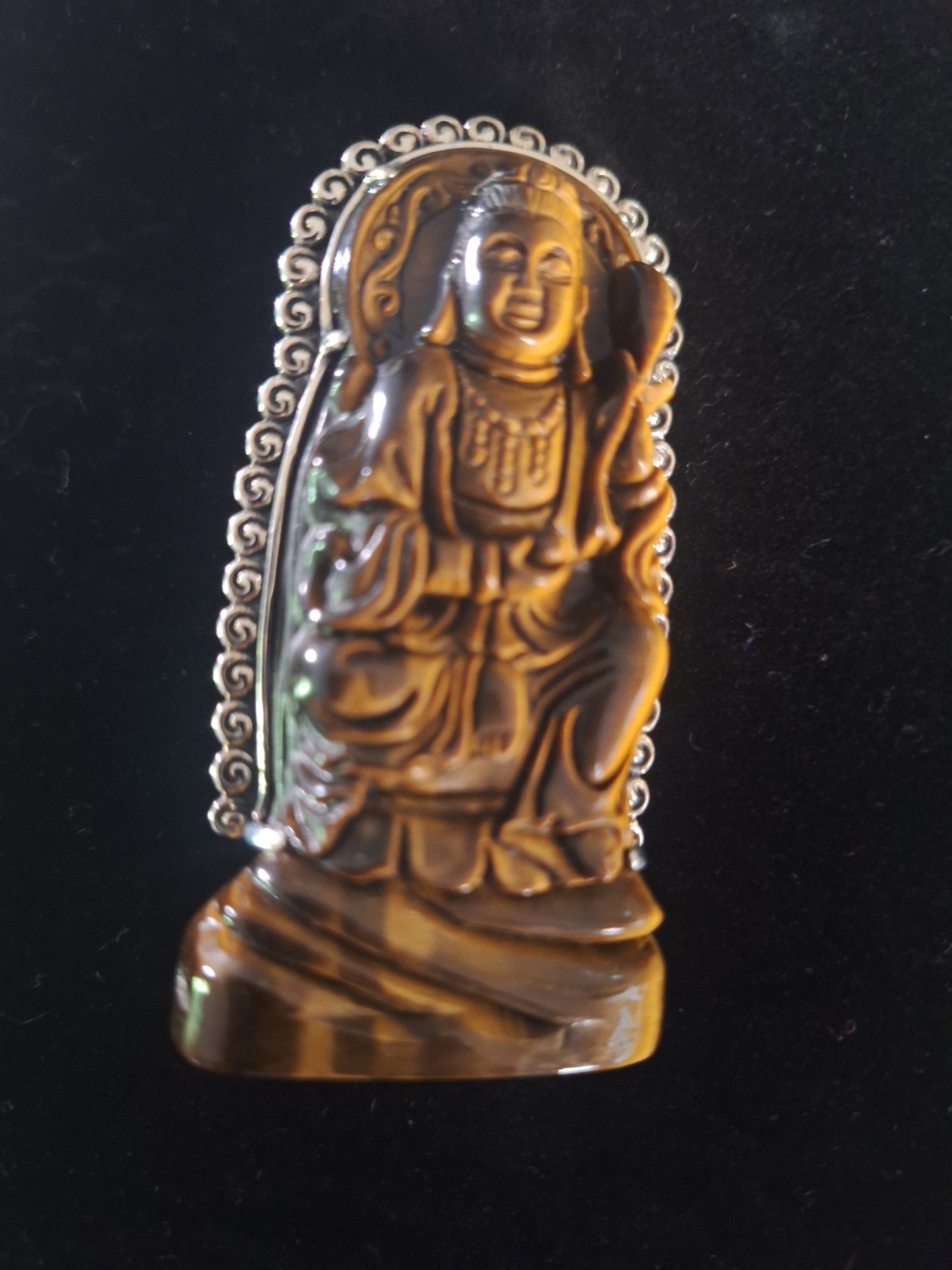 Stunning AKR Sterling Silver Carved Tigers Eye Buddha Brooch