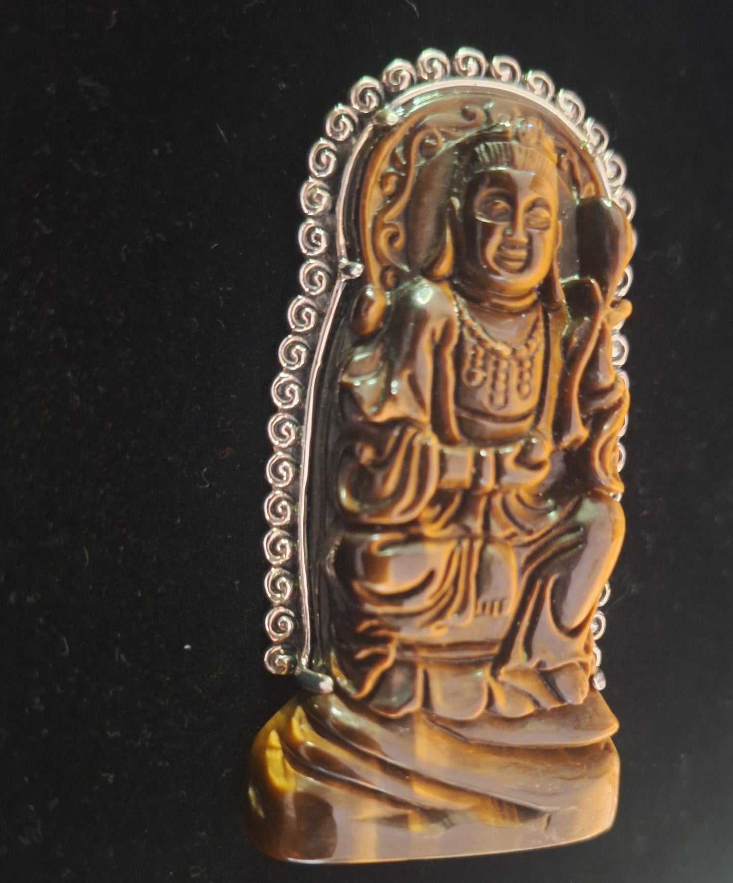 Stunning AKR Sterling Silver Carved Tigers Eye Buddha Brooch