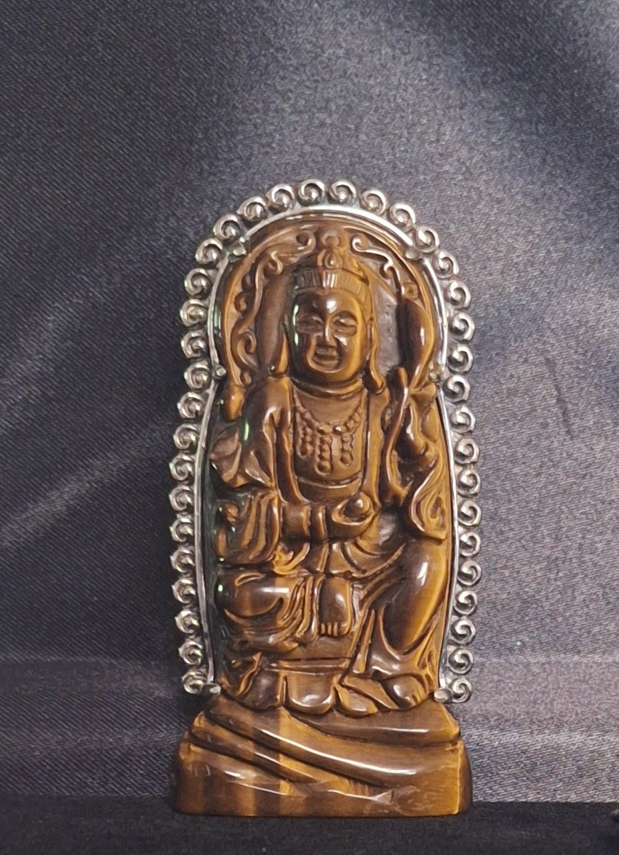 Stunning AKR Sterling Silver Carved Tigers Eye Buddha Brooch