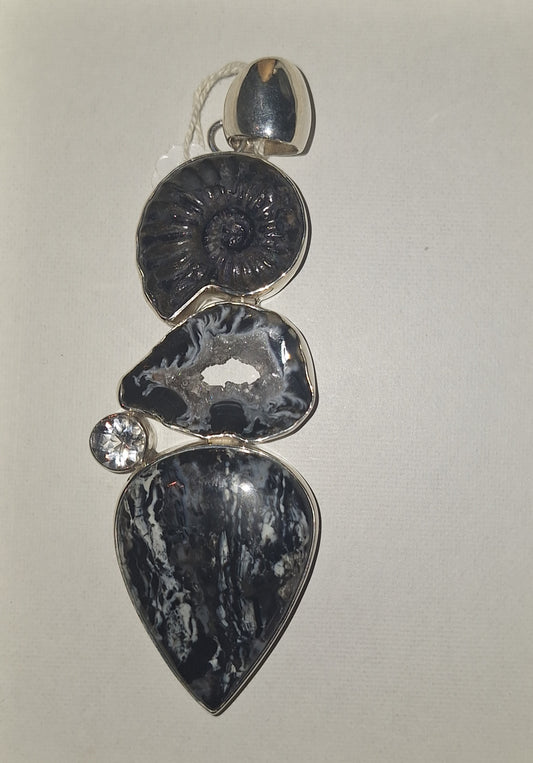 925 Sterling Silver Ammonite and Natural Stone Pendant