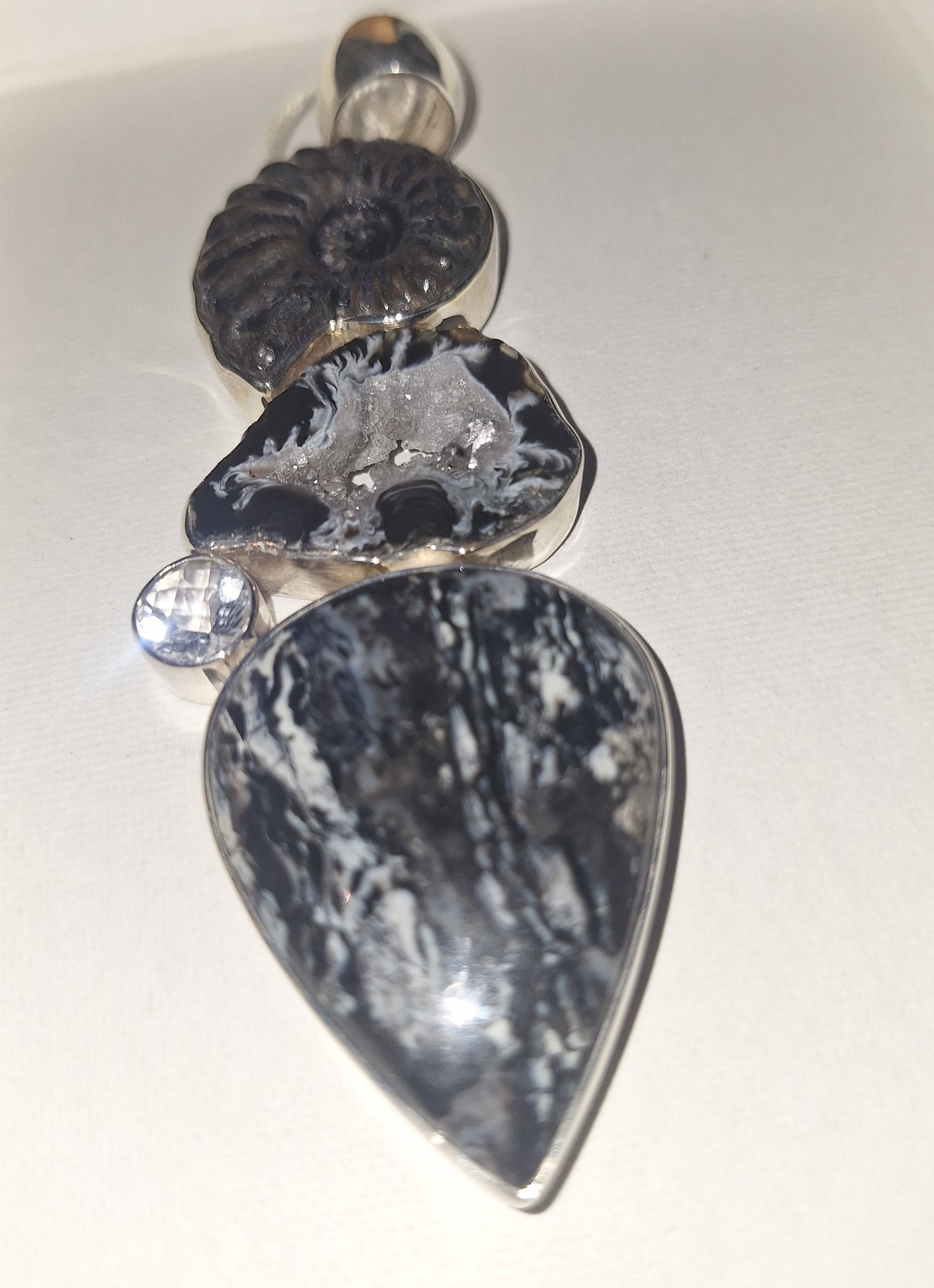 925 Sterling Silver Ammonite and Natural Stone Pendant