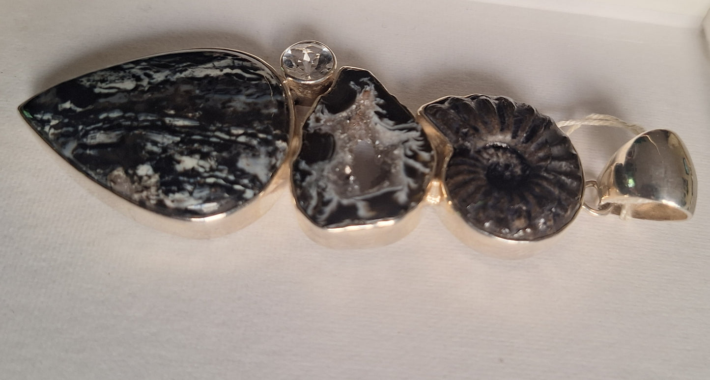925 Sterling Silver Ammonite and Natural Stone Pendant