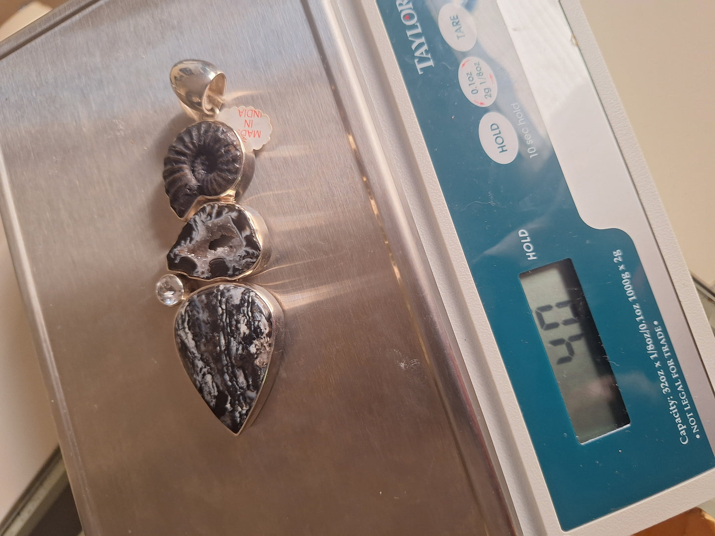 925 Sterling Silver Ammonite and Natural Stone Pendant