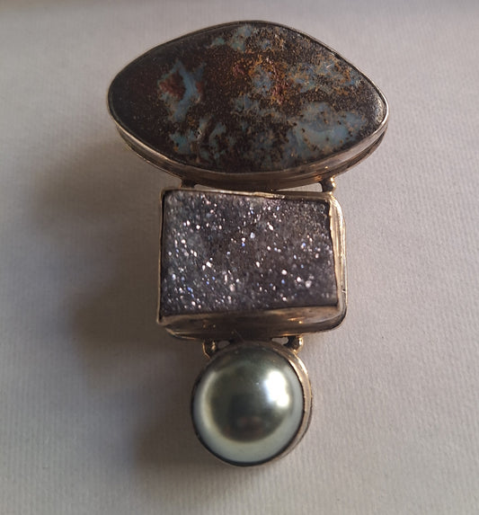 925 Sterling Silver Boulder Opal Druzy Peal Pendant