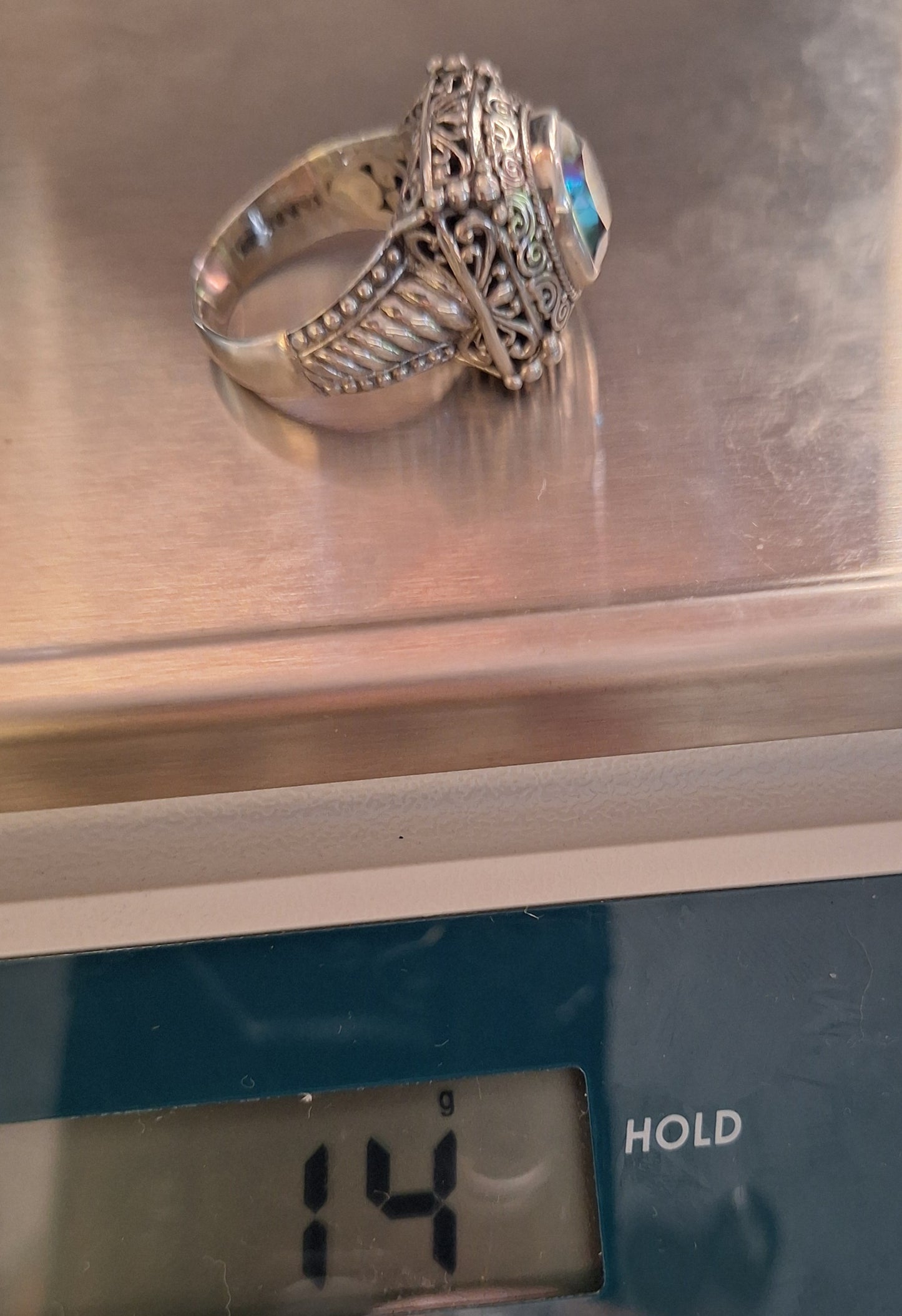 Mystic Blue Quartz Ring Sterling Silver Ornate Raised Stone