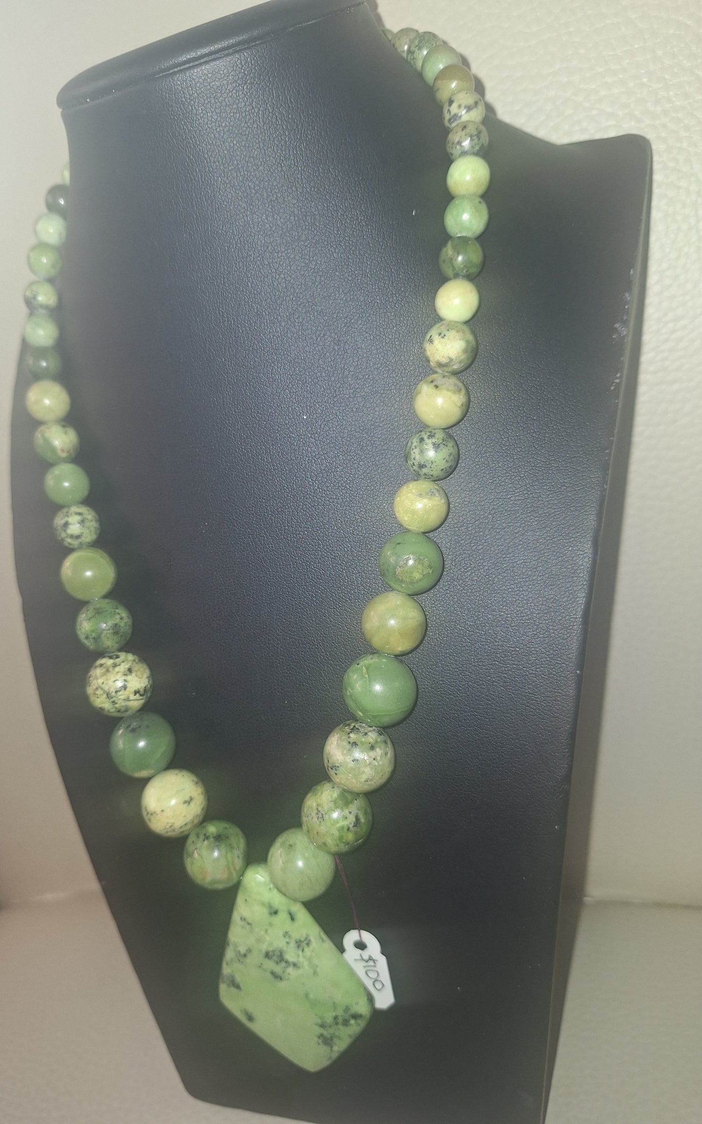 Green Turquoise Necklace and Diamond shaped Pendant with a Sterling Silver 925 Chain Closure.
