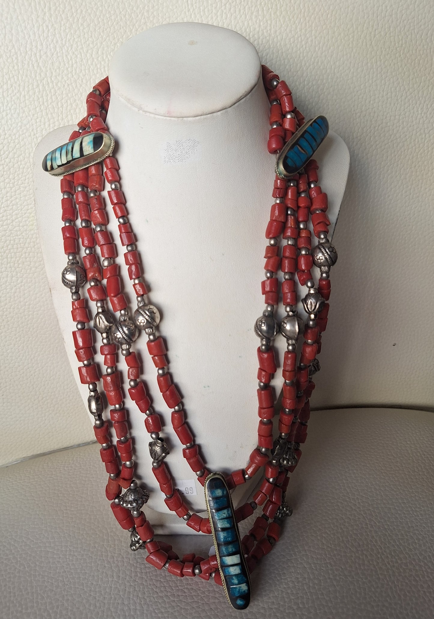 Sterling Silver Red Coral Beads Necklace With Turquoise Stone Accents.