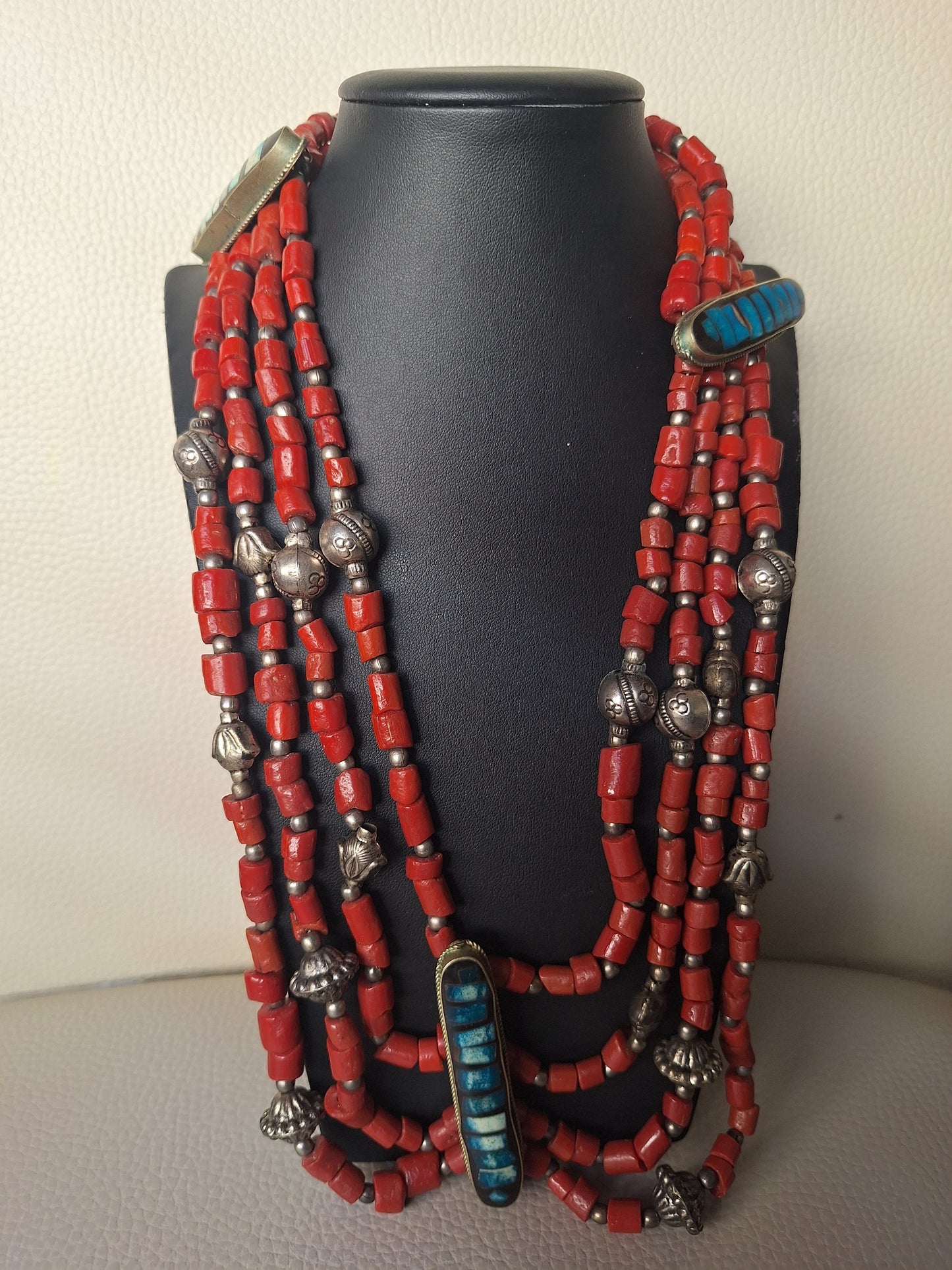 Sterling Silver Red Coral Beads Necklace With Turquoise Stone Accents.