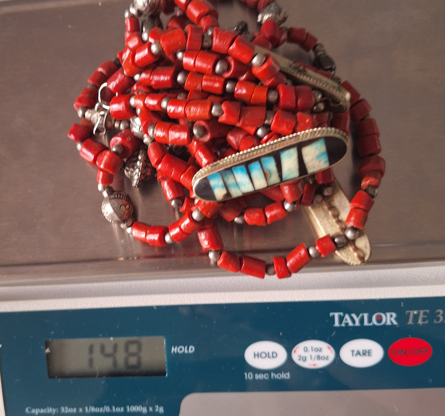 Sterling Silver Red Coral Beads Necklace With Turquoise Stone Accents.