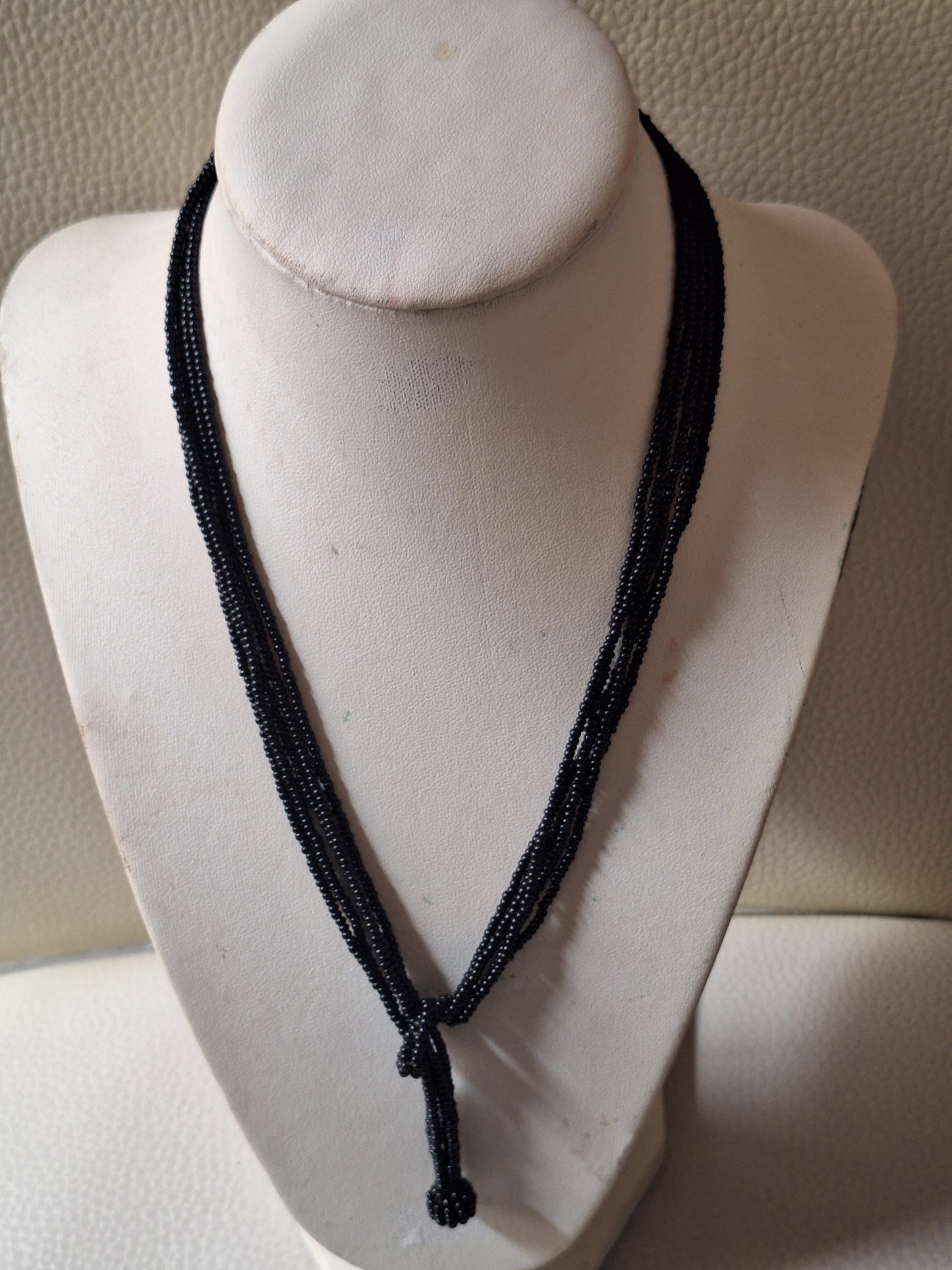 Vintage Austria Black Beaded Necklace 6 Multi Strand Chain knot Clasp