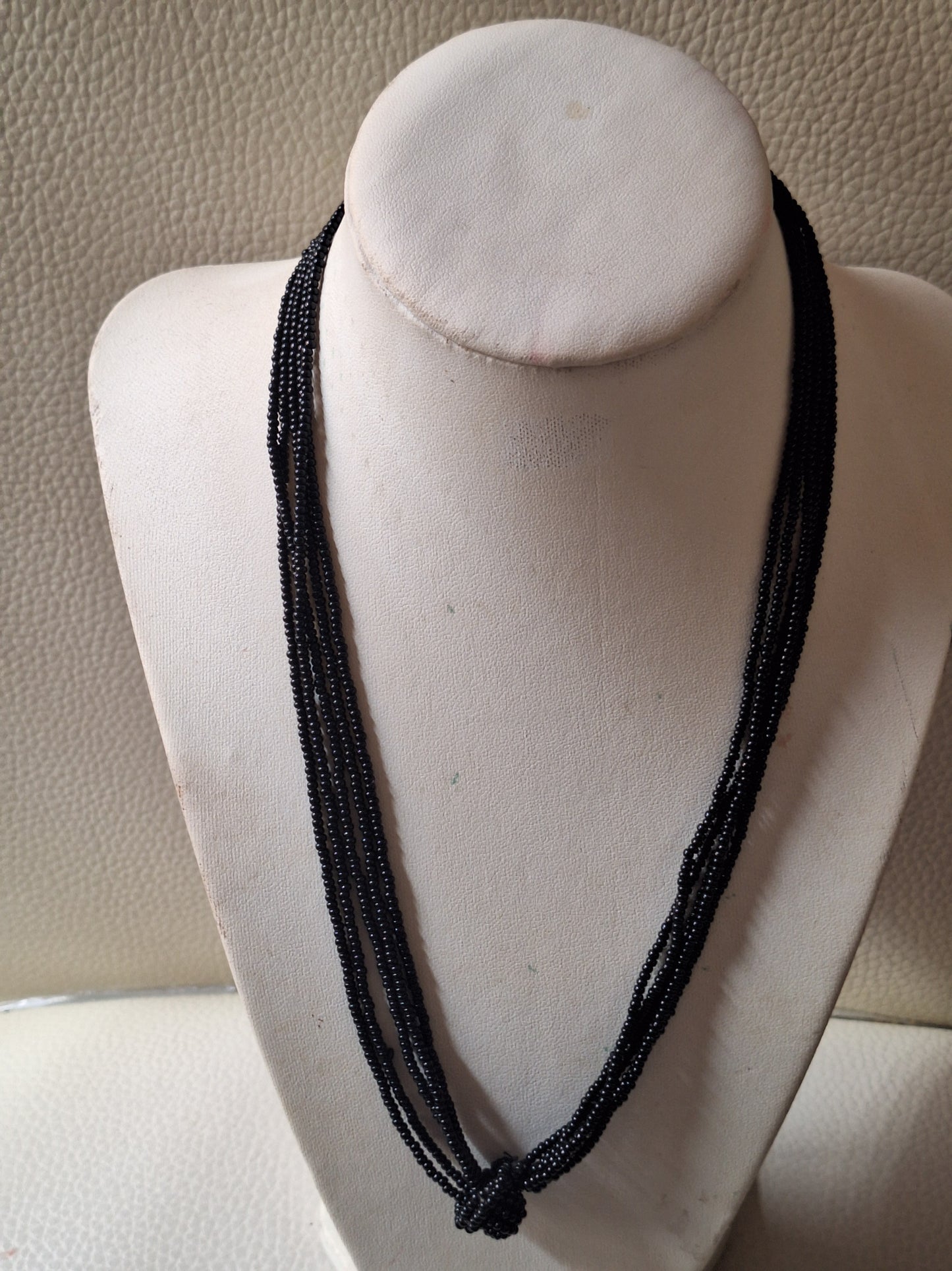 Vintage Austria Black Beaded Necklace 6 Multi Strand Chain knot Clasp