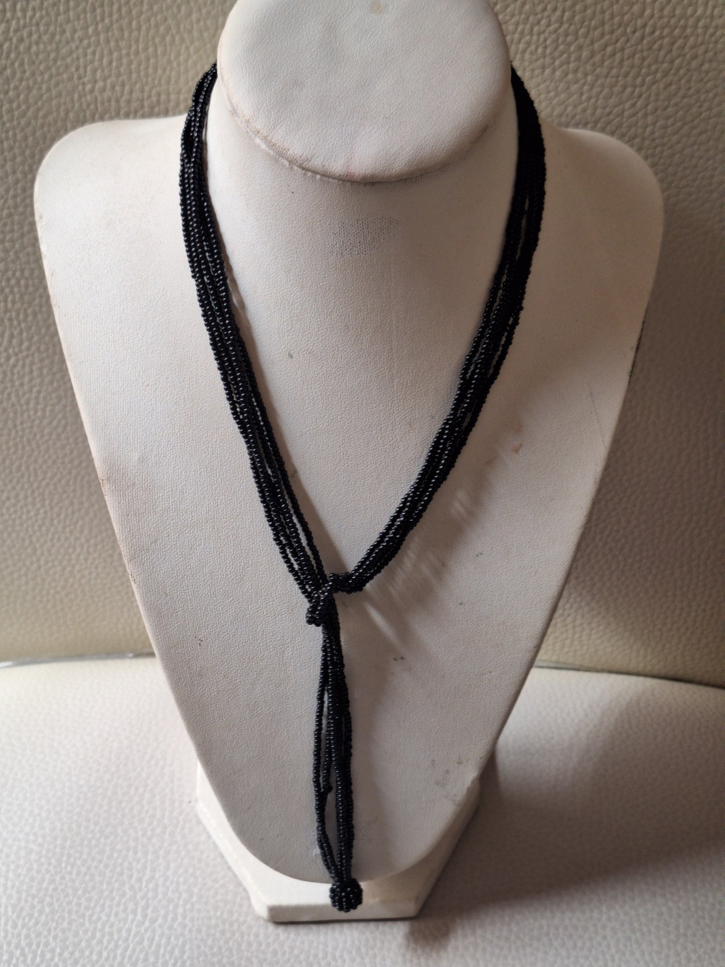 Vintage Austria Black Beaded Necklace 6 Multi Strand Chain knot Clasp