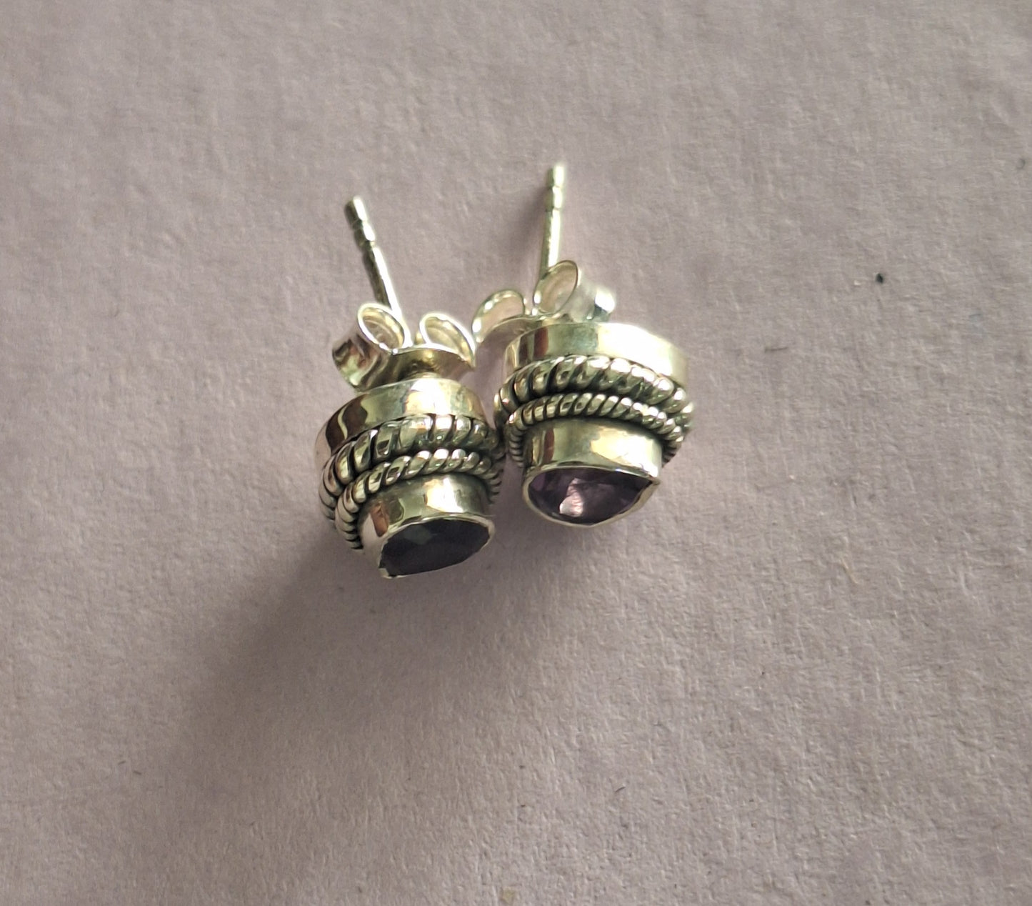 Beautiful Natural Heart/Tear Drop Shaped Purple Amethyst And 925 Sterling Silver Stud Earrings