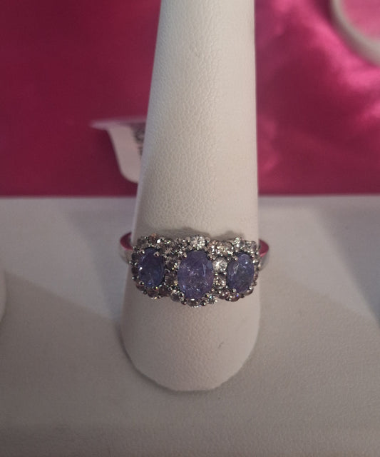 925 Sterling Silver Oval Tanzanite and White Zircon Ring