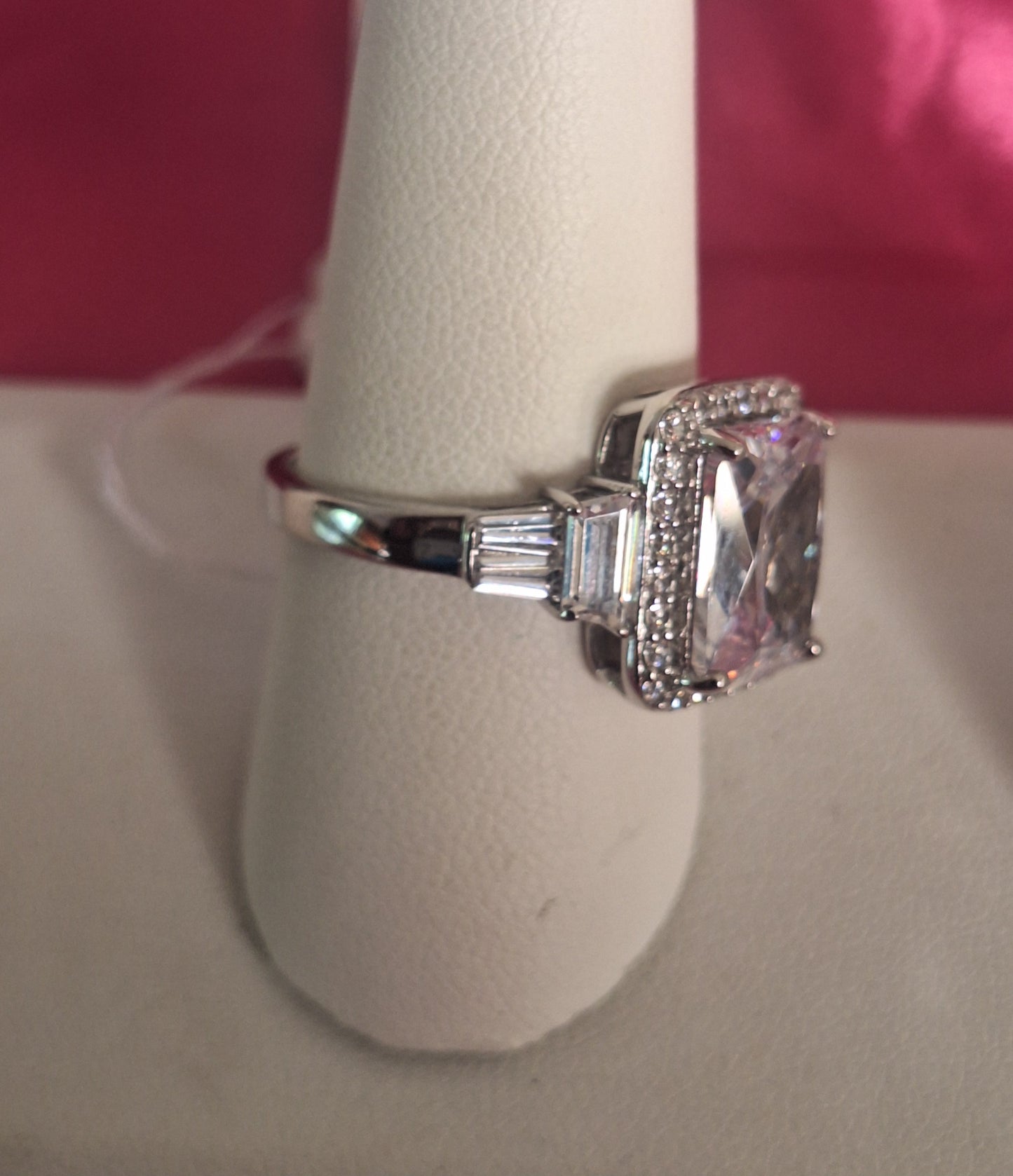Rhodium Plated Sterling Silver Bypass Ring with a simulated diamond
