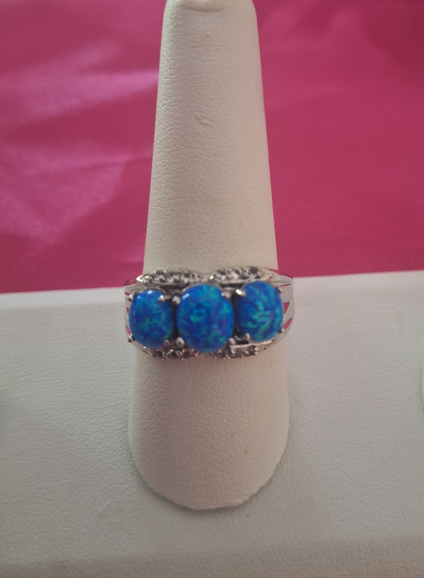 Sterling Silver Cubic Zirconia And Faux Blue Opal Ring