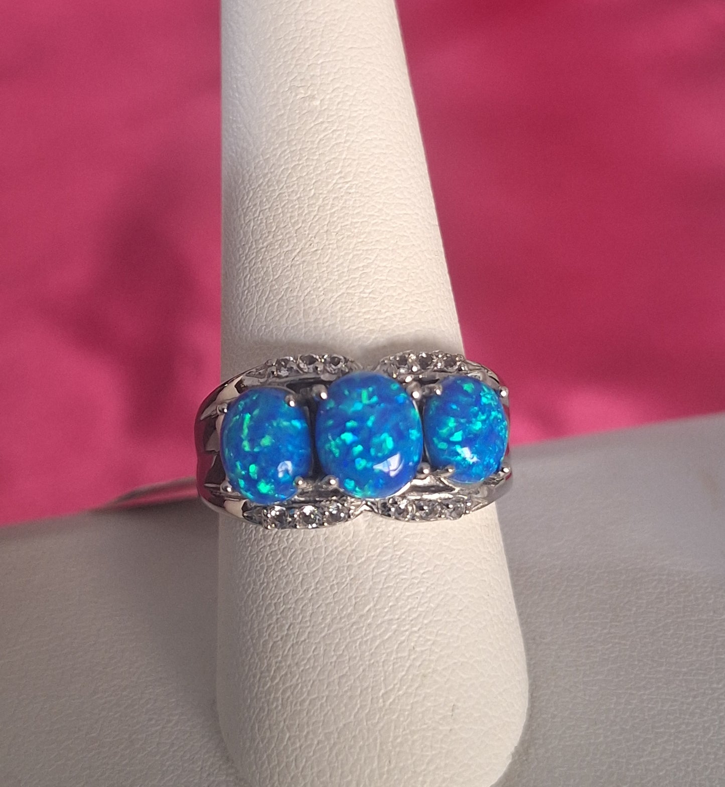 Sterling Silver Cubic Zirconia And Faux Blue Opal Ring