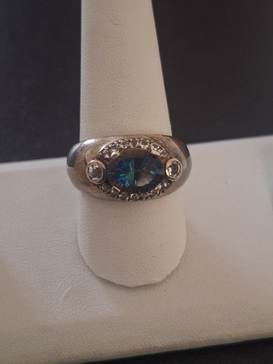 925 Silver Ring with a Mystic Topaz and Diamond Accents.
