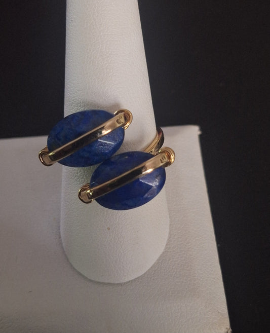 Yellow Gold Orbital Ring Blue Lapis Lazuli Gemstones