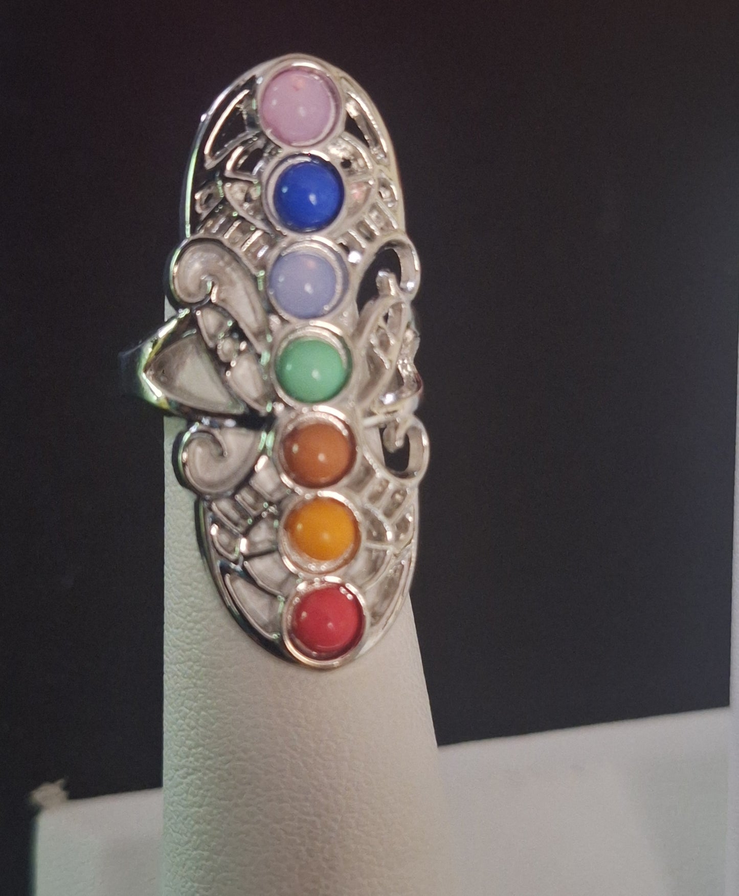 Seven Chakra Crystals Large Filigree Gemstone Boho Adjustable Silver Plated