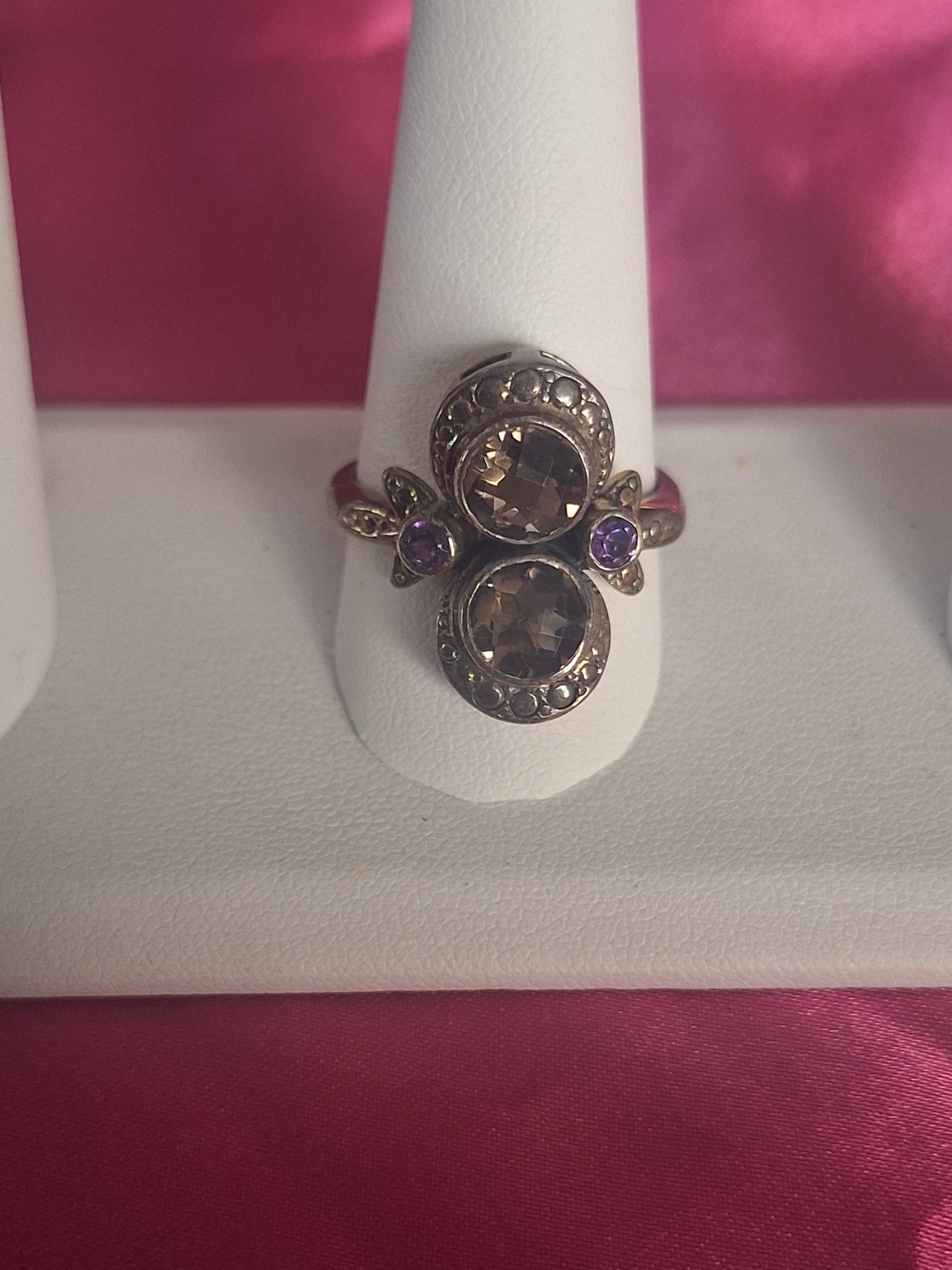 Sterling Silver NB Smokey Quartz and Round Amethyst Ring