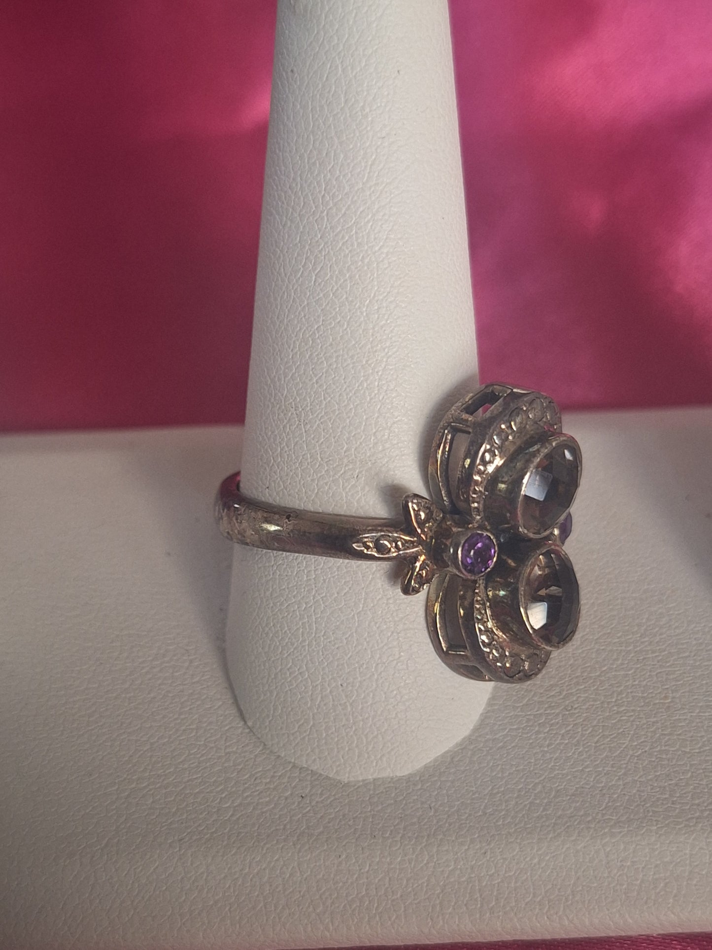 Sterling Silver NB Smokey Quartz and Round Amethyst Ring