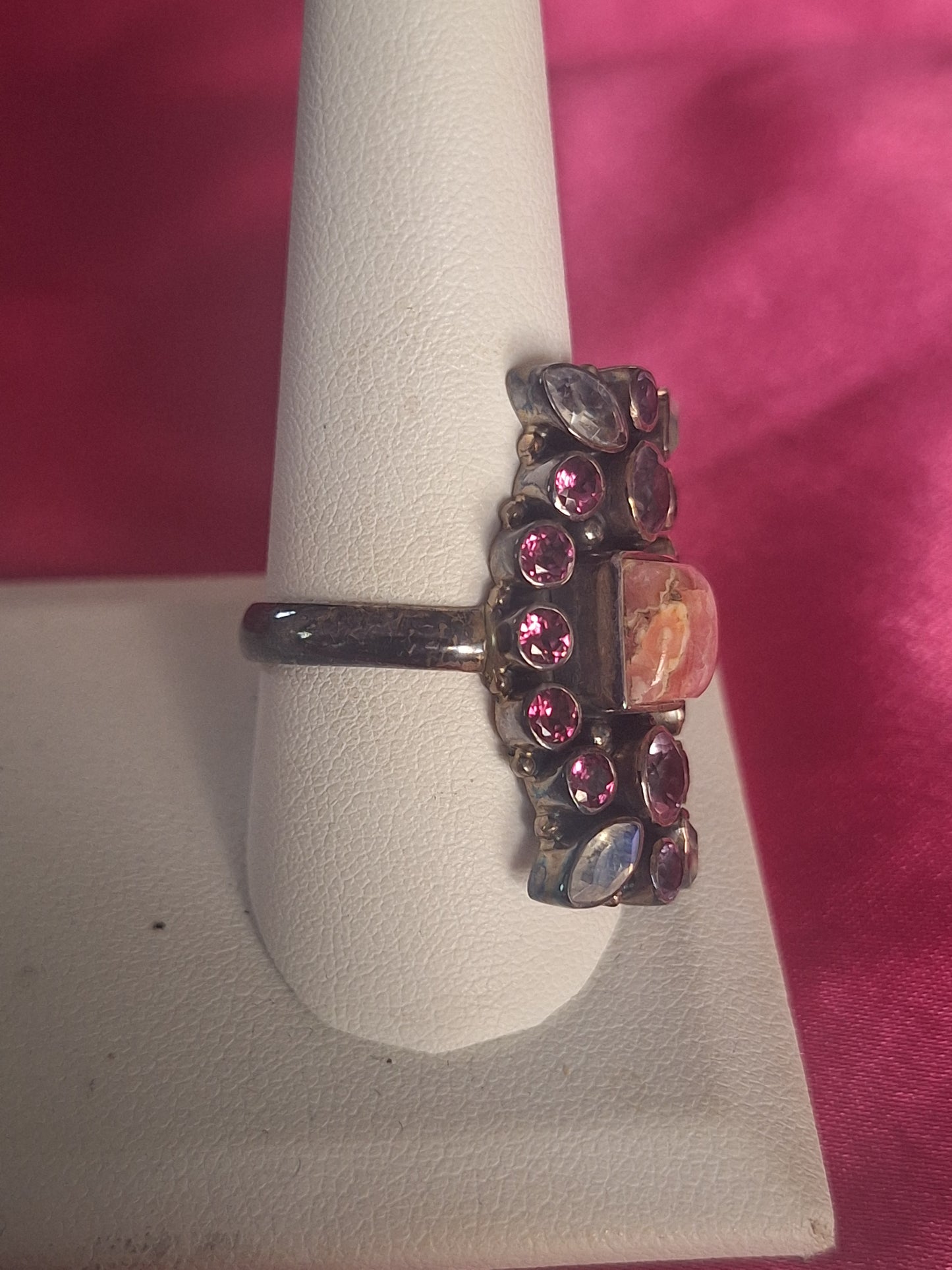 Multi-Stone 925 Sterling Silver Pink Stone, Amethyst & Moonstone Ring