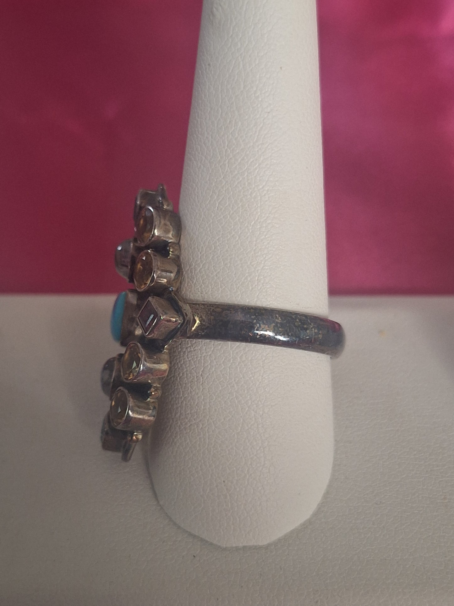 925 Sterling Citrine, Garnet, Topaz, Moonstone & Turquoise Ring