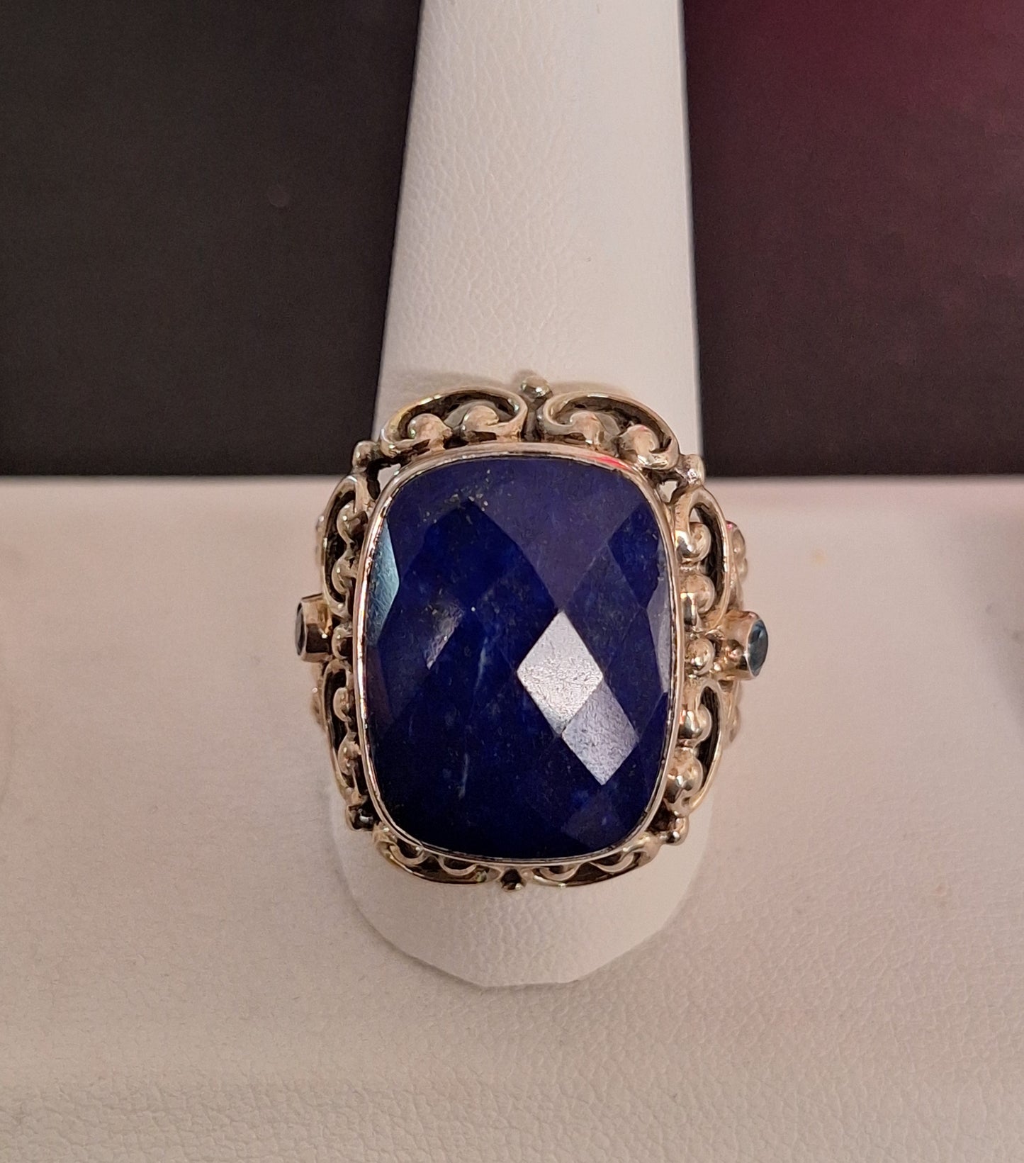 Vintage Deep Blue Sapphire White Bronze Silver Cocktail Ring