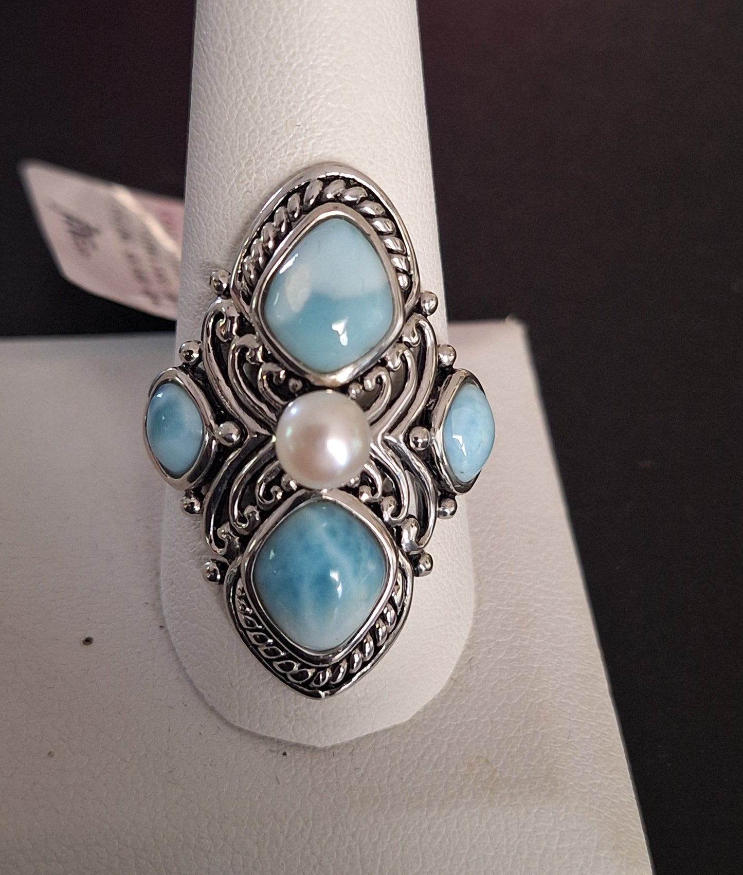Cabochon Larimar With 5.5MM White Cultured Freshwater Pearl Sterling Silver Ring