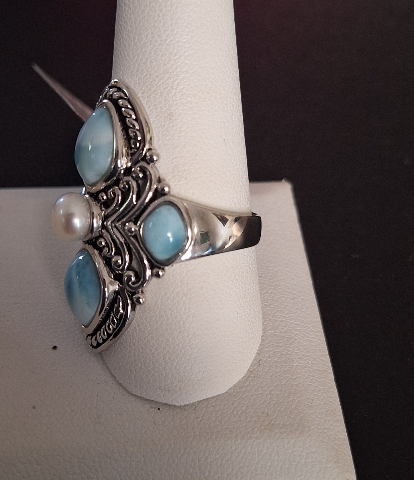 Cabochon Larimar With 5.5MM White Cultured Freshwater Pearl Sterling Silver Ring