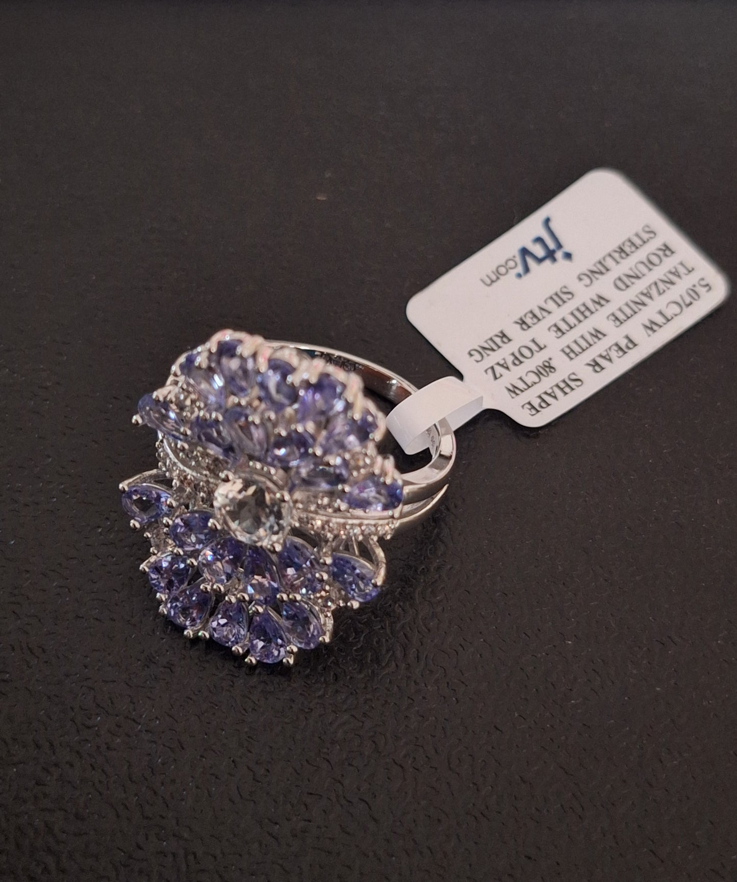 Victoria Wieck 5.07CTW Pear Shaped Tanzanite .80CTW White Topaz Ring Designer Sterling Silver 925