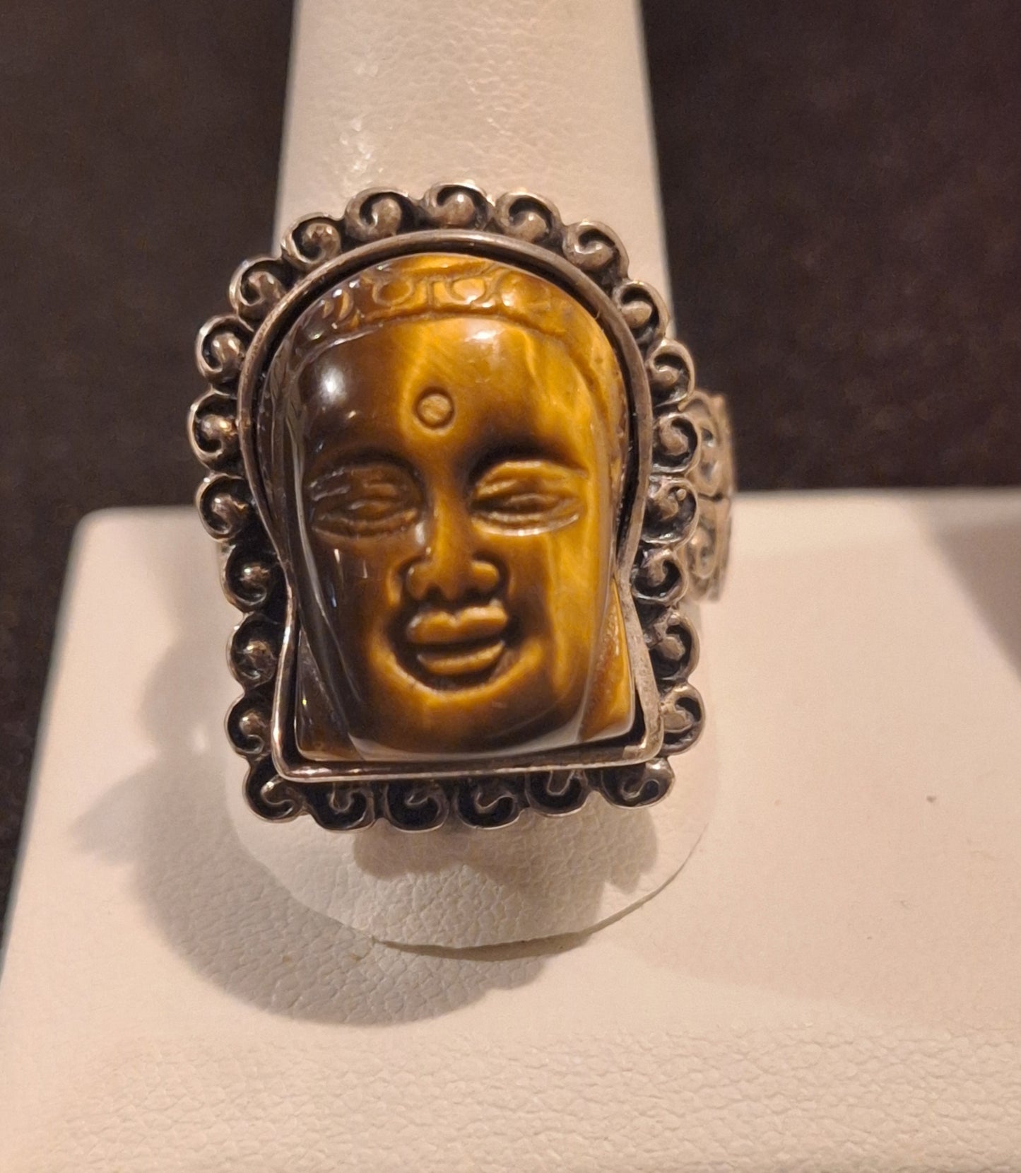 Sterling Silver Hand-Carved Buddha Head Tiger's Eye