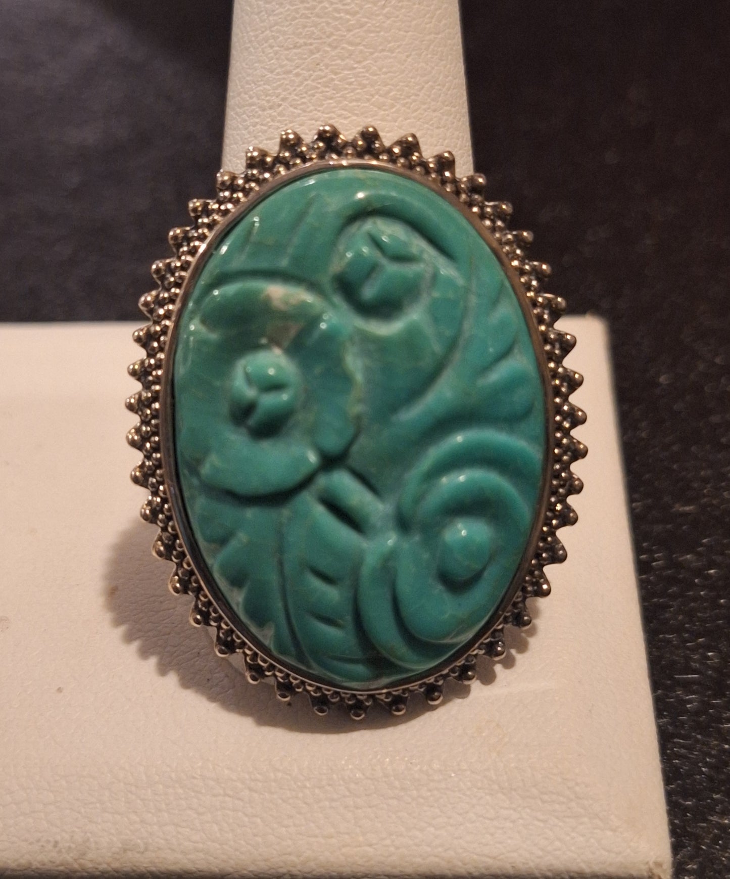 Vintage AKR Carved Turquoise Sterling Silver Ring.