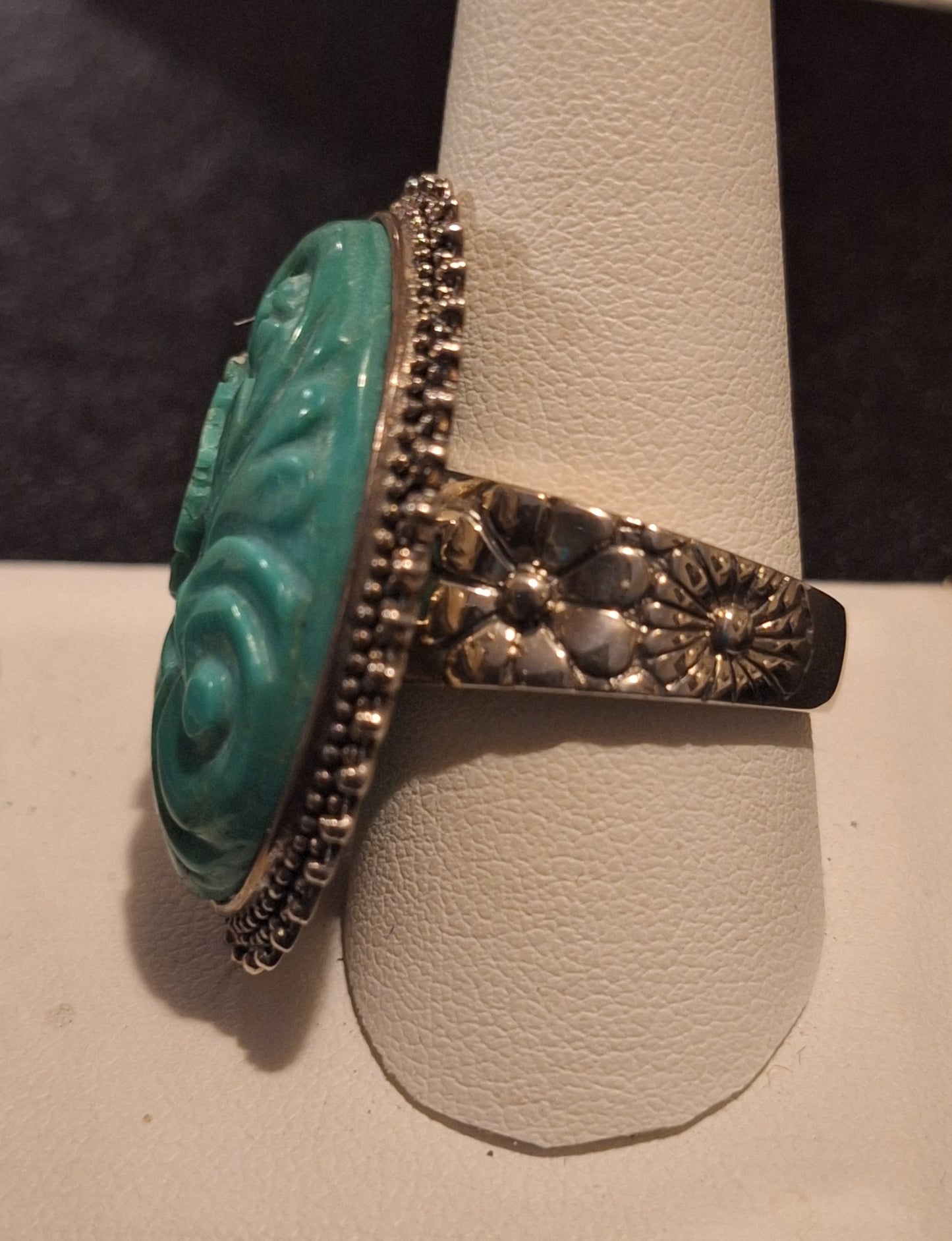 Vintage AKR Carved Turquoise Sterling Silver Ring.
