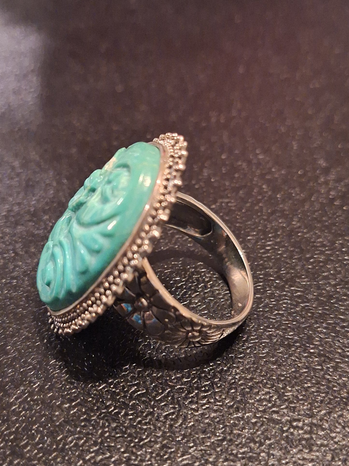Vintage AKR Carved Turquoise Sterling Silver Ring.