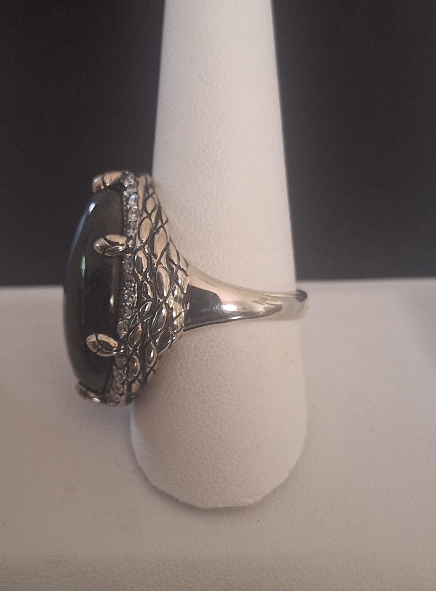 Vintage Large Oval Egg Face Burmese Violet Inlaid Purple& Clear CZ Jasper Ring 925 Sterling RG 1857