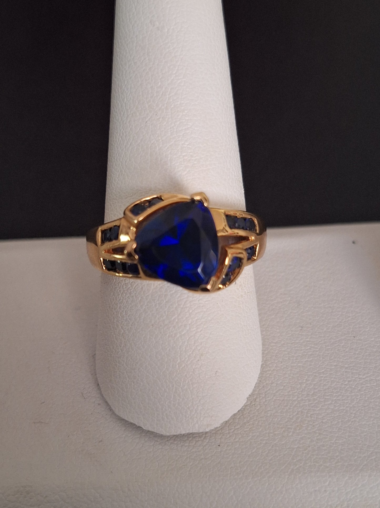 Yellow-Tone Sterling Silver Trillion Round Cut Synthetic Sapphire Ring