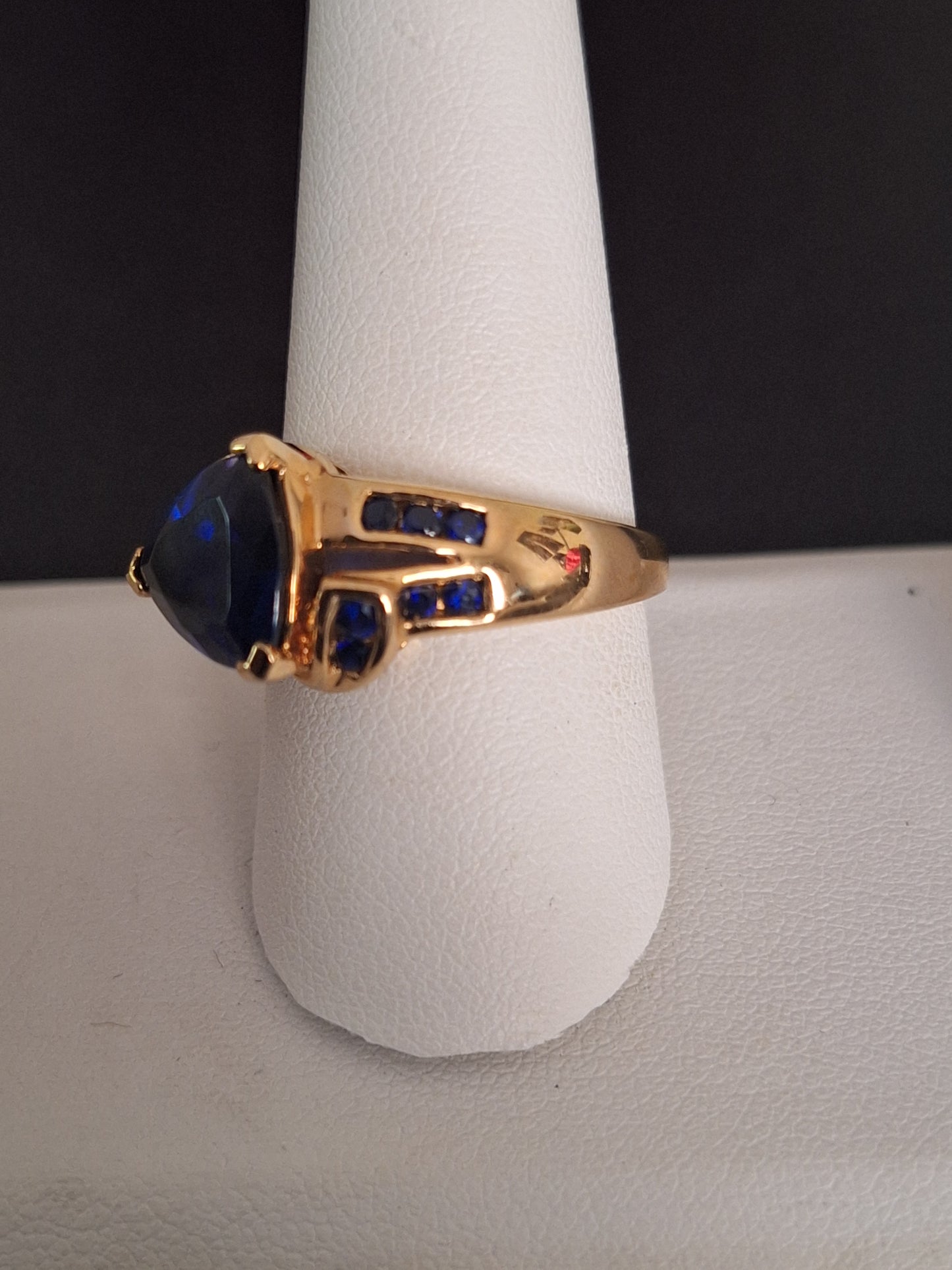 Yellow-Tone Sterling Silver Trillion Round Cut Synthetic Sapphire Ring