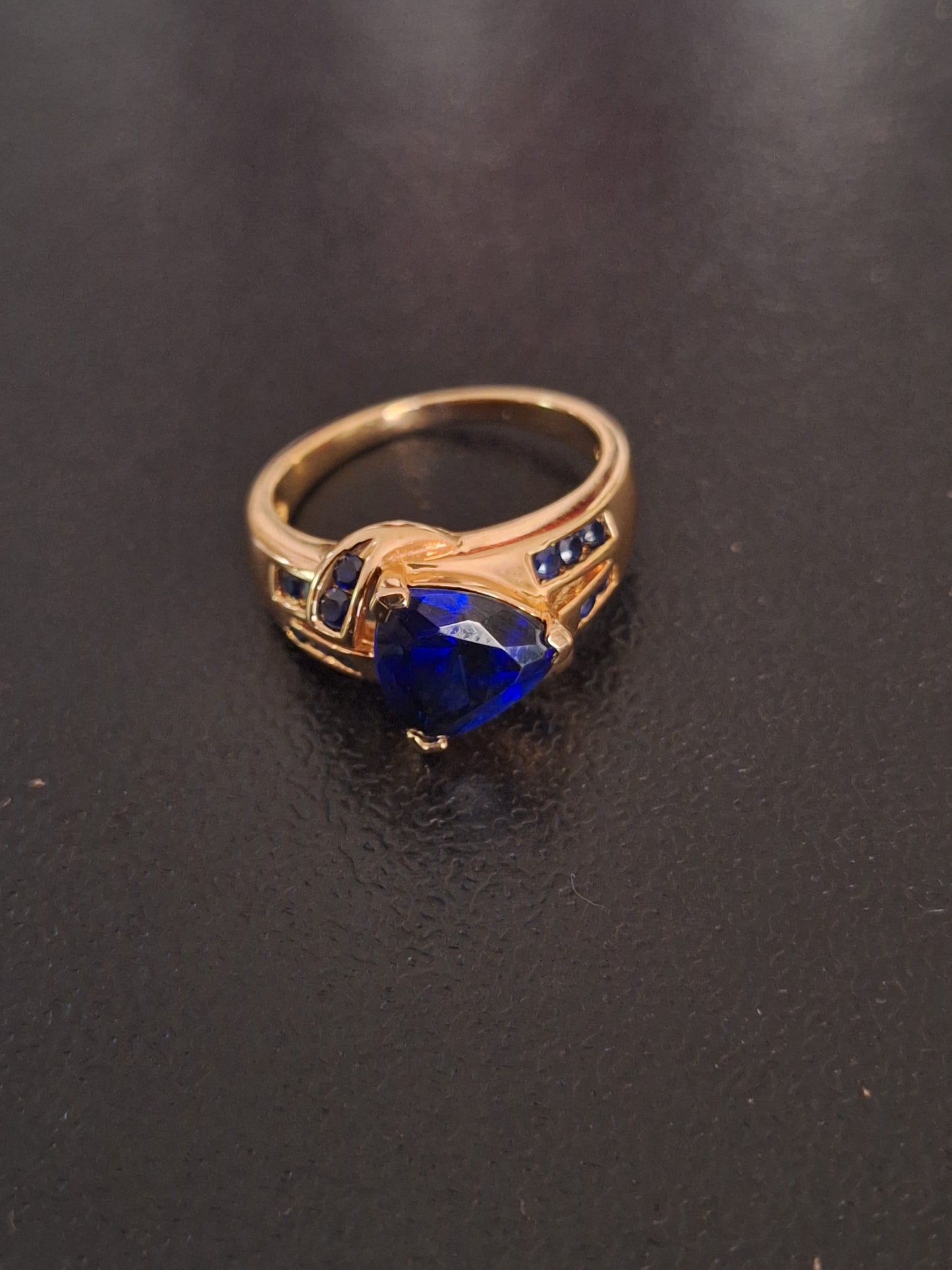 Yellow-Tone Sterling Silver Trillion Round Cut Synthetic Sapphire Ring