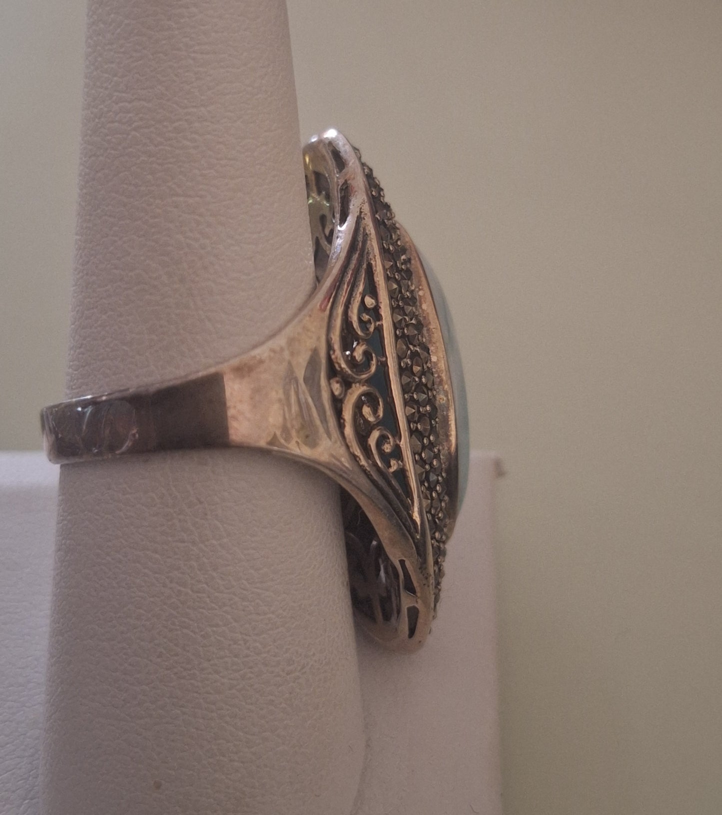 Sterling Silver Large Boho Larimar Statement Filigree Ring