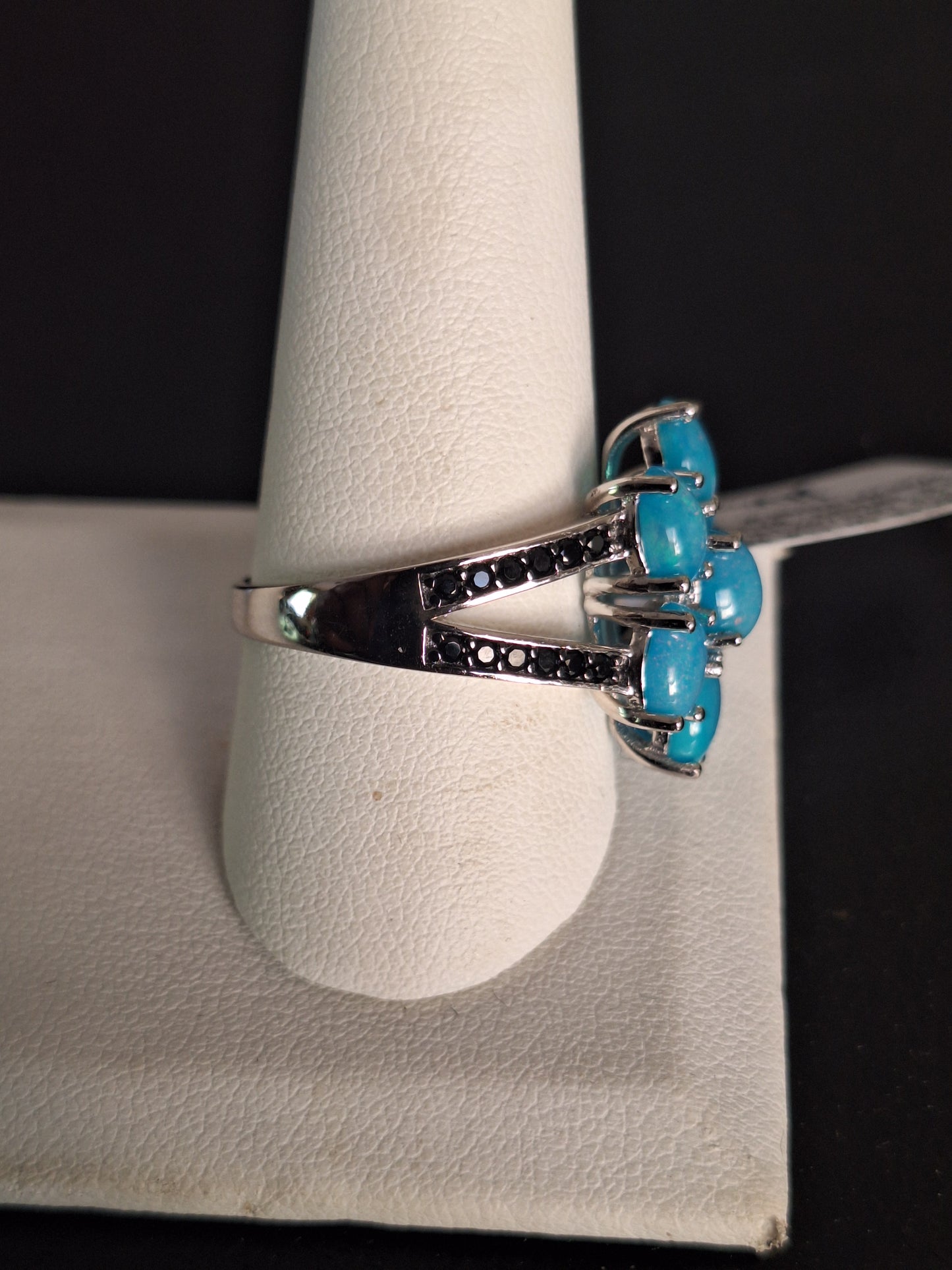 Sterling Silver Oval Blue Opal Black Spinel Ring