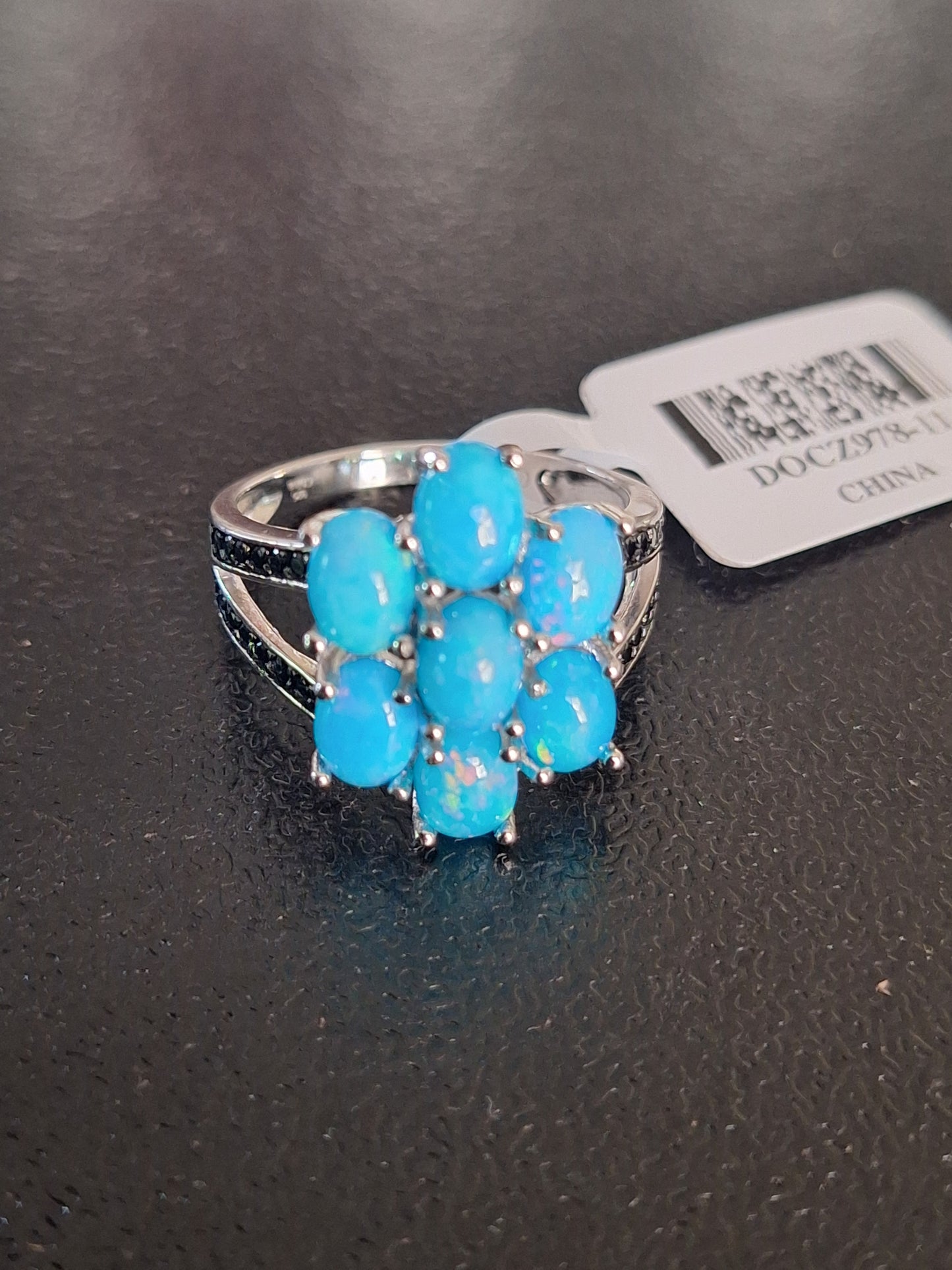 Sterling Silver Oval Blue Opal Black Spinel Ring