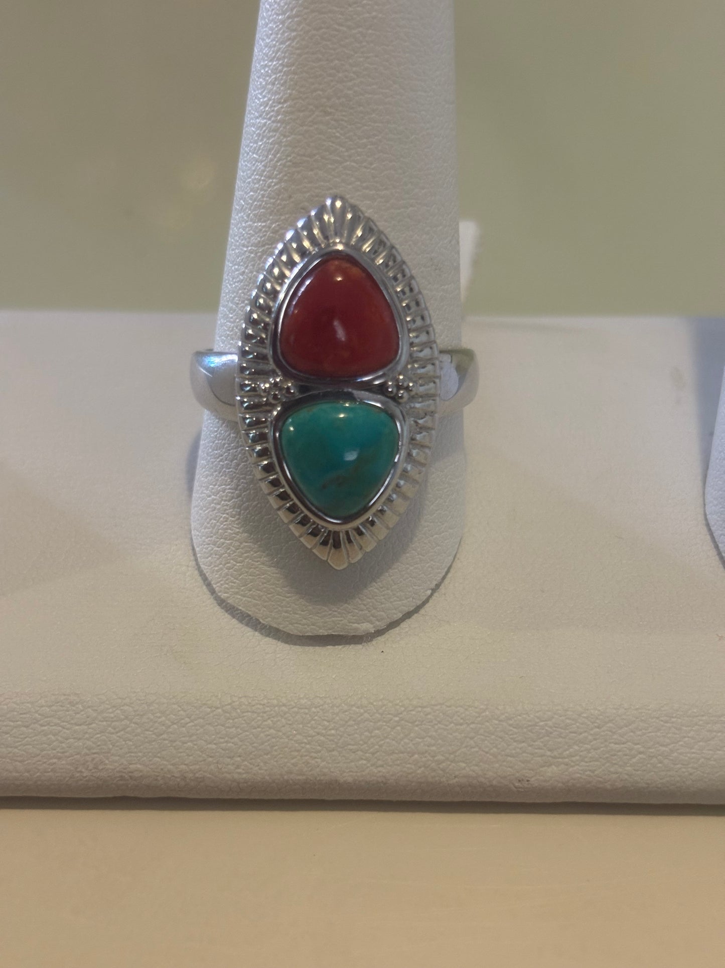 Vintage Sterling Silver Turquoise and Coral Southwest Silverwork Ring Size 12.5