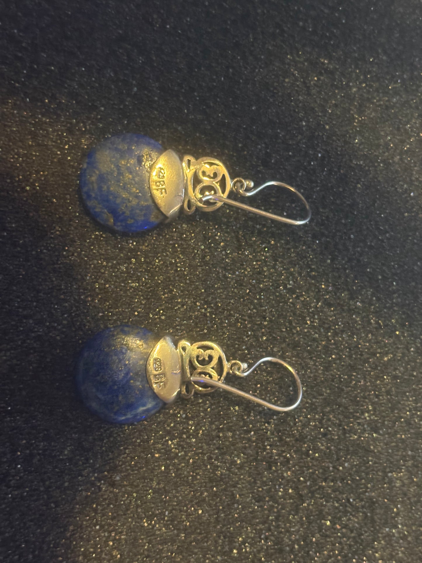 Vintage Sterling Silver 925 Round Blue Lapis Dangle Earrings
