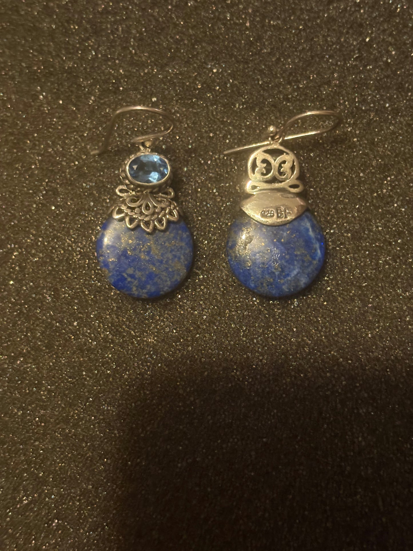 Vintage Sterling Silver 925 Round Blue Lapis Dangle Earrings