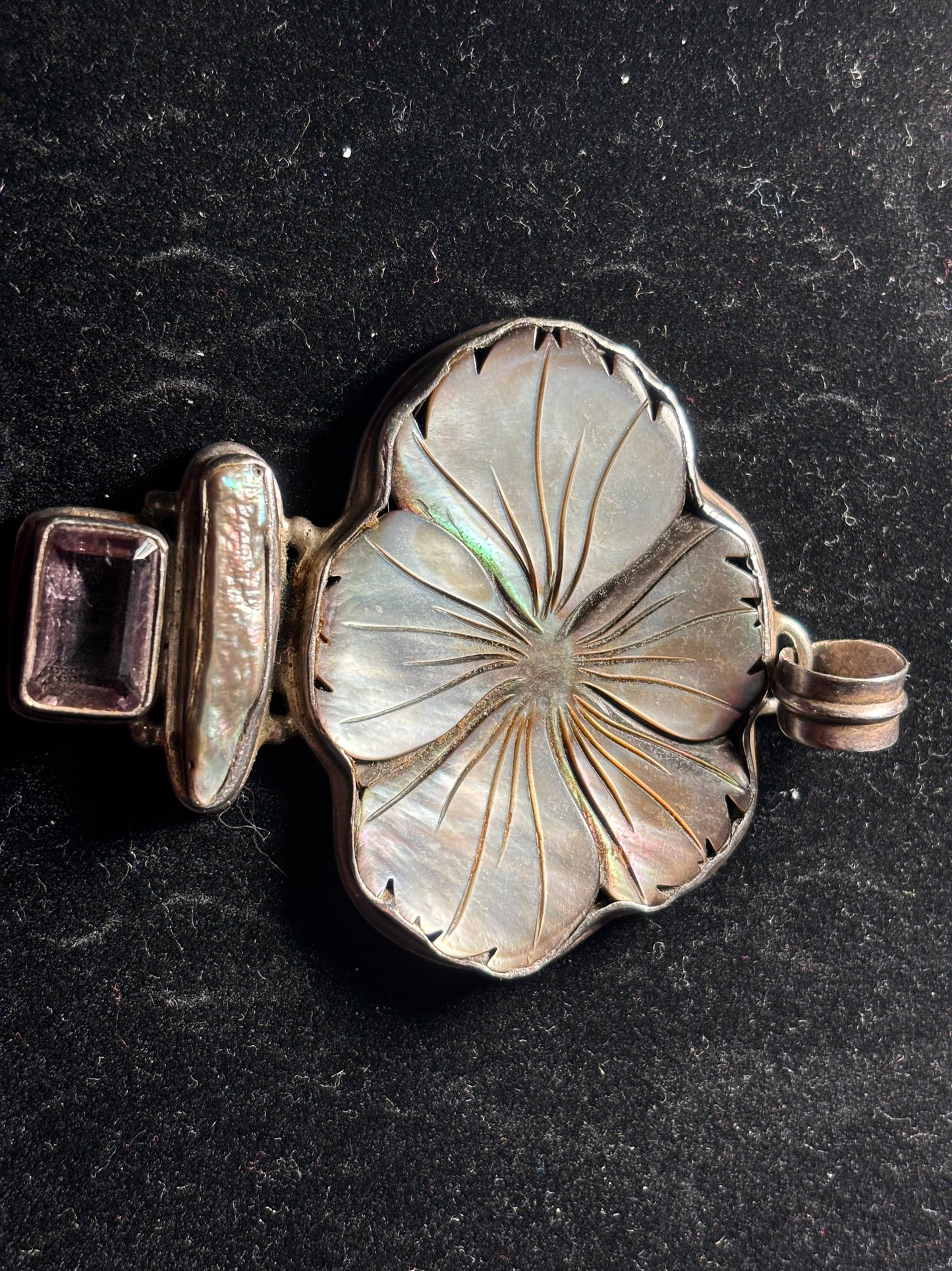 Carved Orchid Mother of Pearl Sterling Silver 925 layered Black lip Pendan